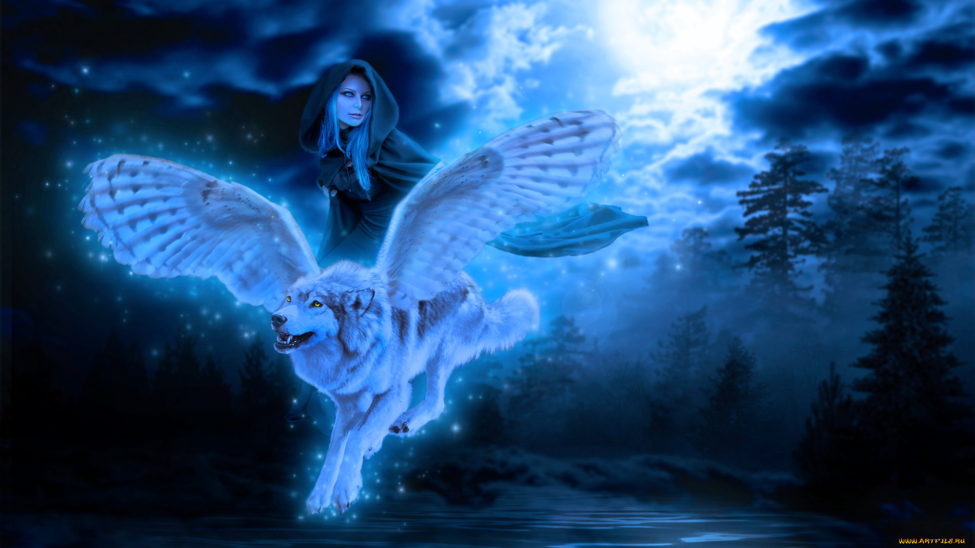 фэнтези, существа, крылья, волк, фон, девушка