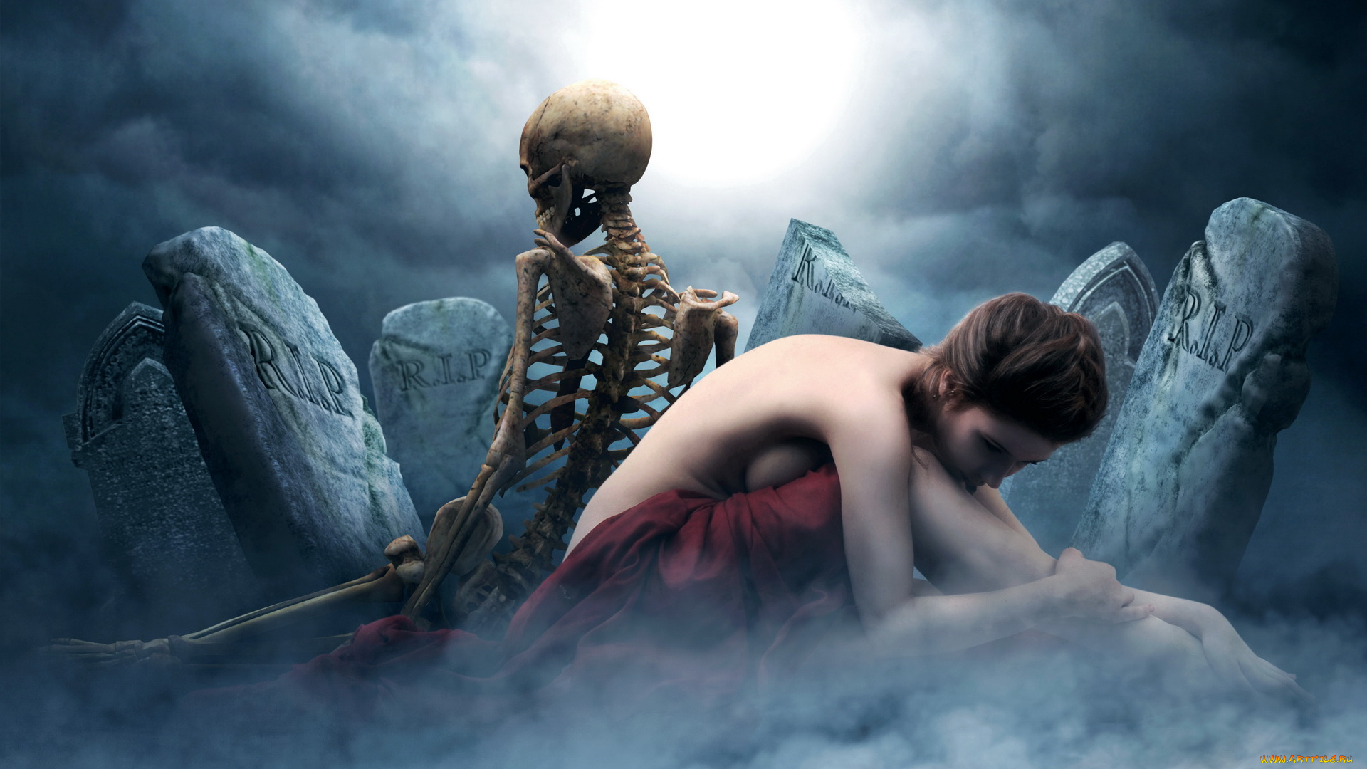 разное, компьютерный, дизайн, скелет, фон, девушка, надгробие