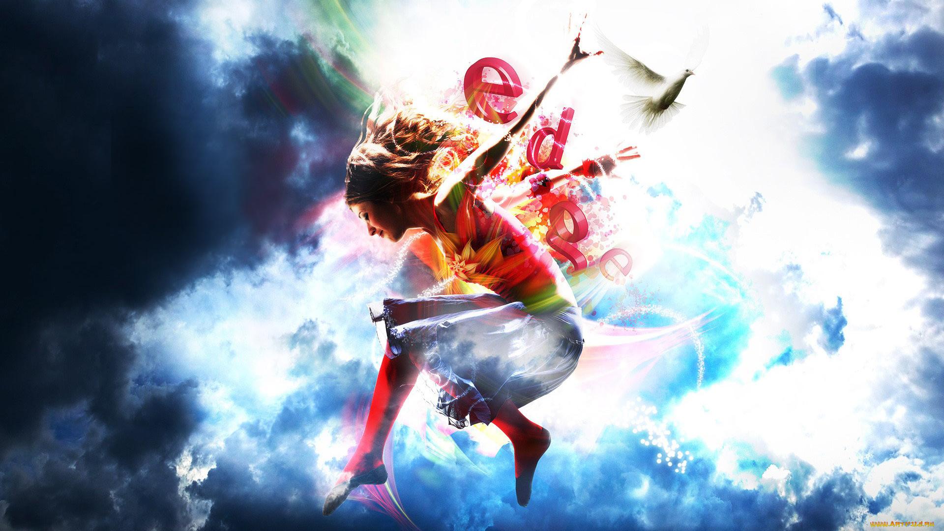 разное, компьютерный, дизайн, тучи, небо, буквы, прыжок, девушка