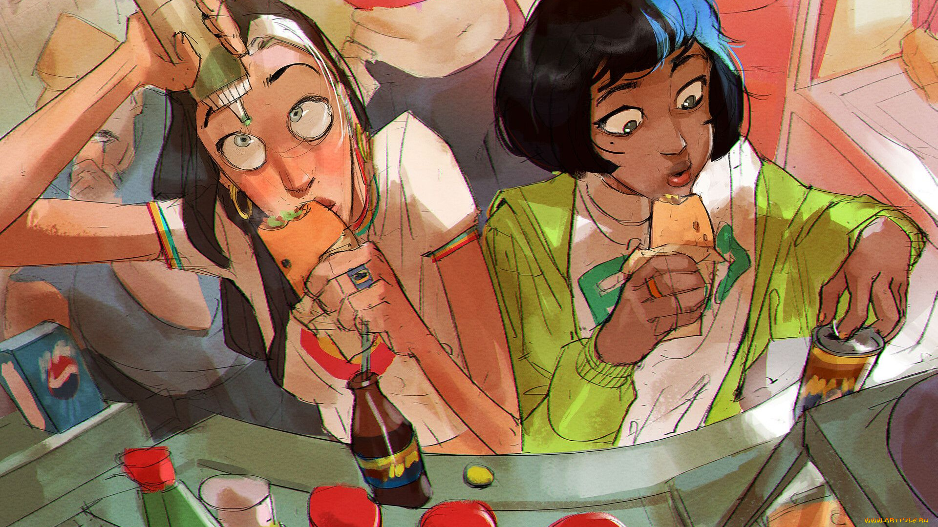 рисованное, комиксы, девушки, фастфуд