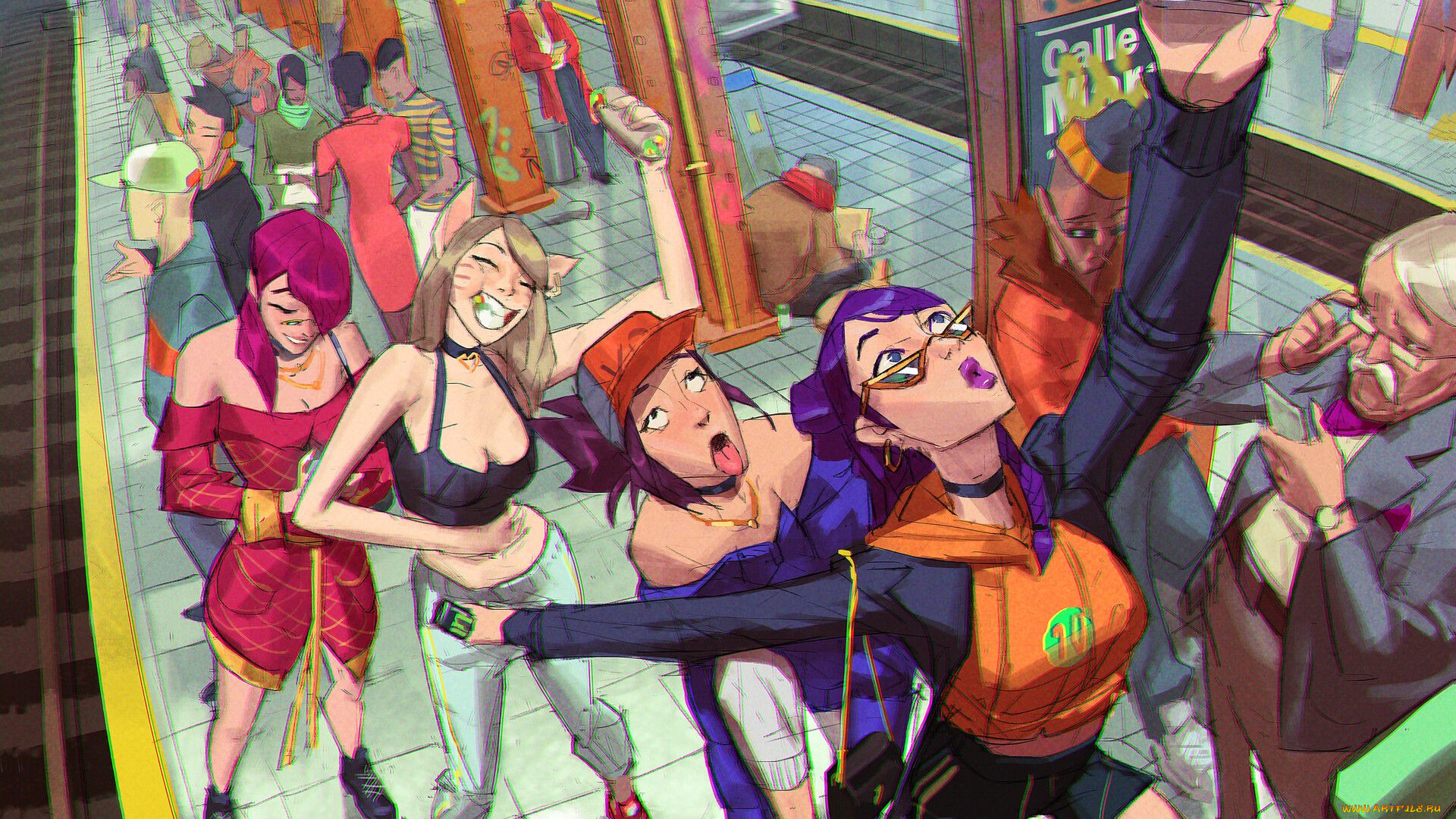 рисованное, комиксы, люди, метро, селфи