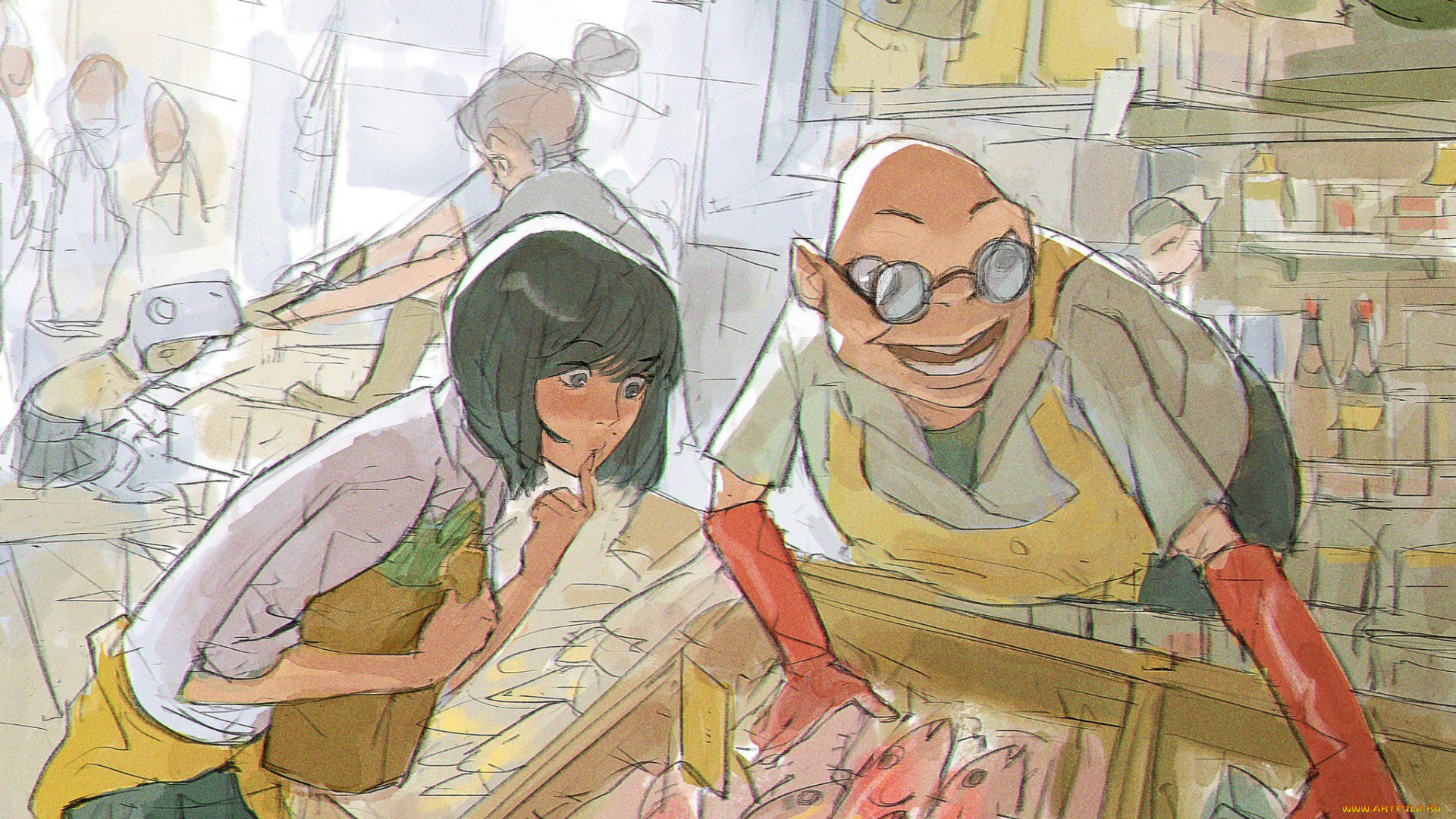 рисованное, комиксы, магазин, женщина, продавец, рыба