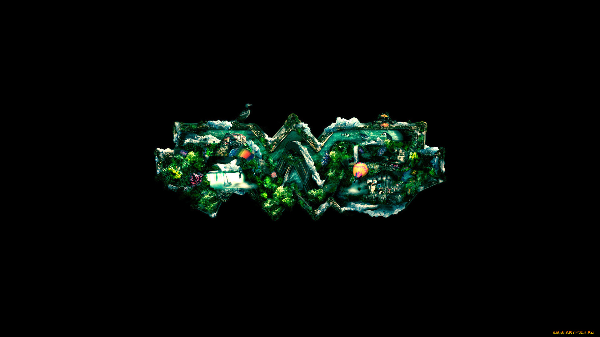 рисованное, минимализм, зелень, вода, горы, цивилизация