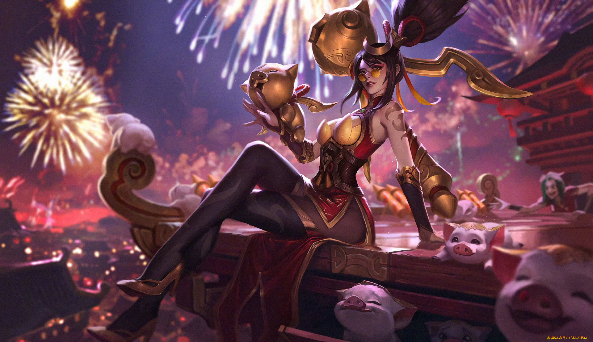 видео, игры, league, of, legends, девушка, салют, крыша, поросята