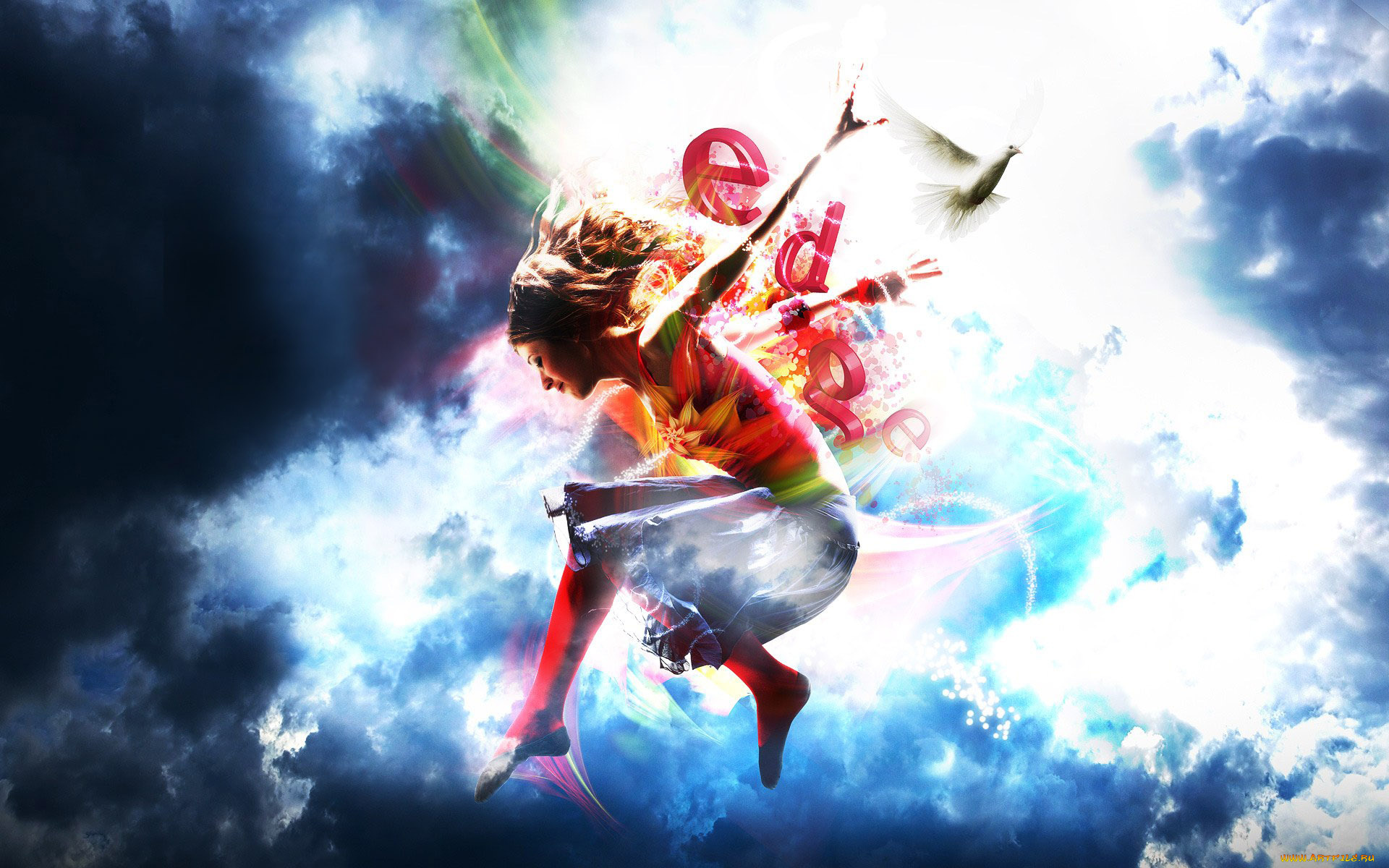 разное, компьютерный, дизайн, тучи, небо, буквы, прыжок, девушка