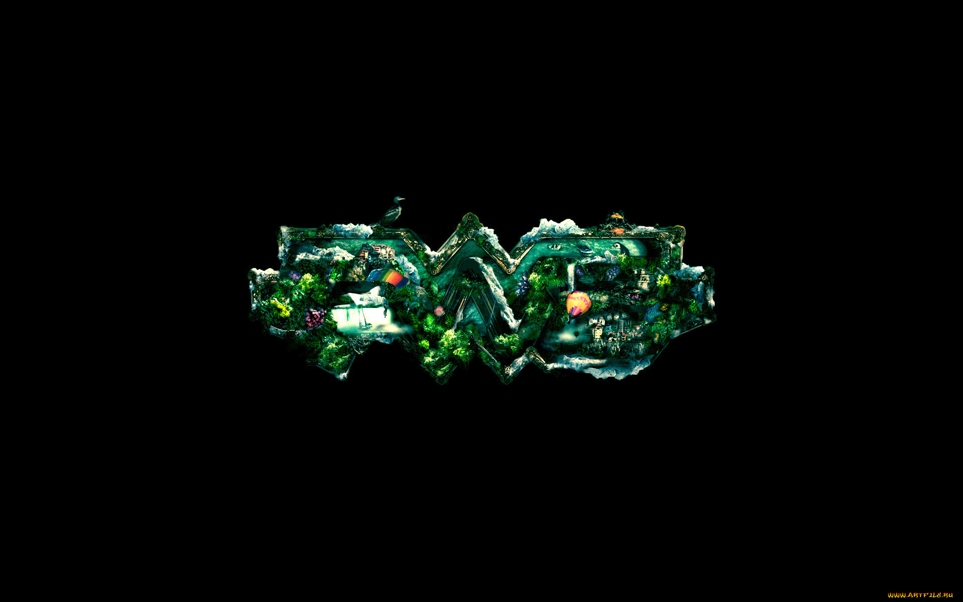 рисованное, минимализм, зелень, вода, горы, цивилизация