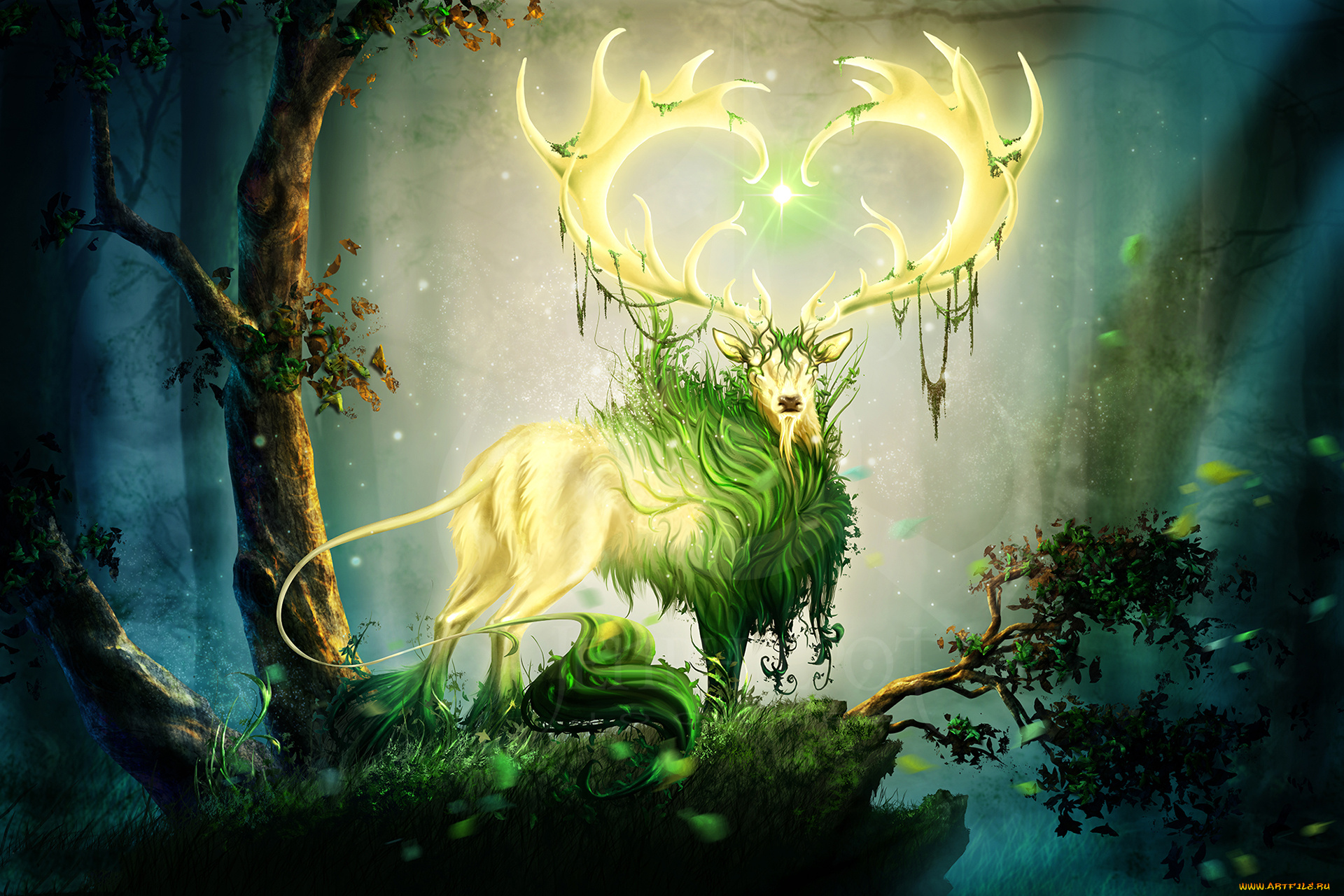 фэнтези, существа, фон, олень, рога, взгляд