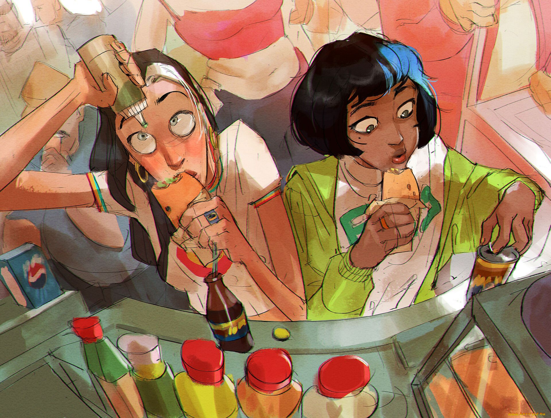 рисованное, комиксы, девушки, фастфуд