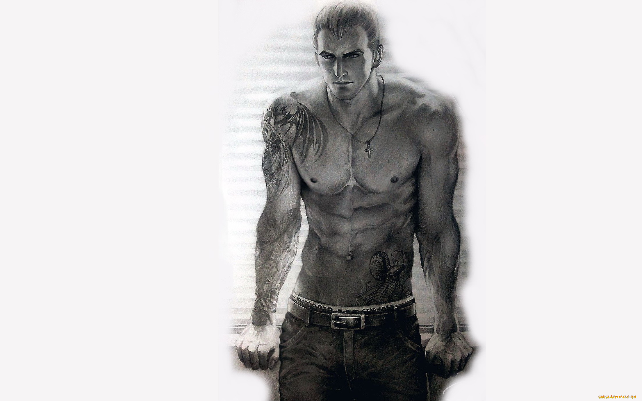 рисованное, люди, парень, крестик, тату, штаны, торс