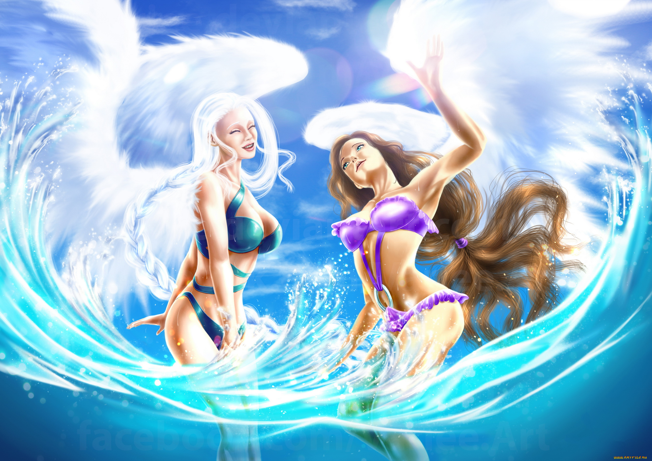 фэнтези, ангелы, улыбка, фон, девушки, крылья, вода