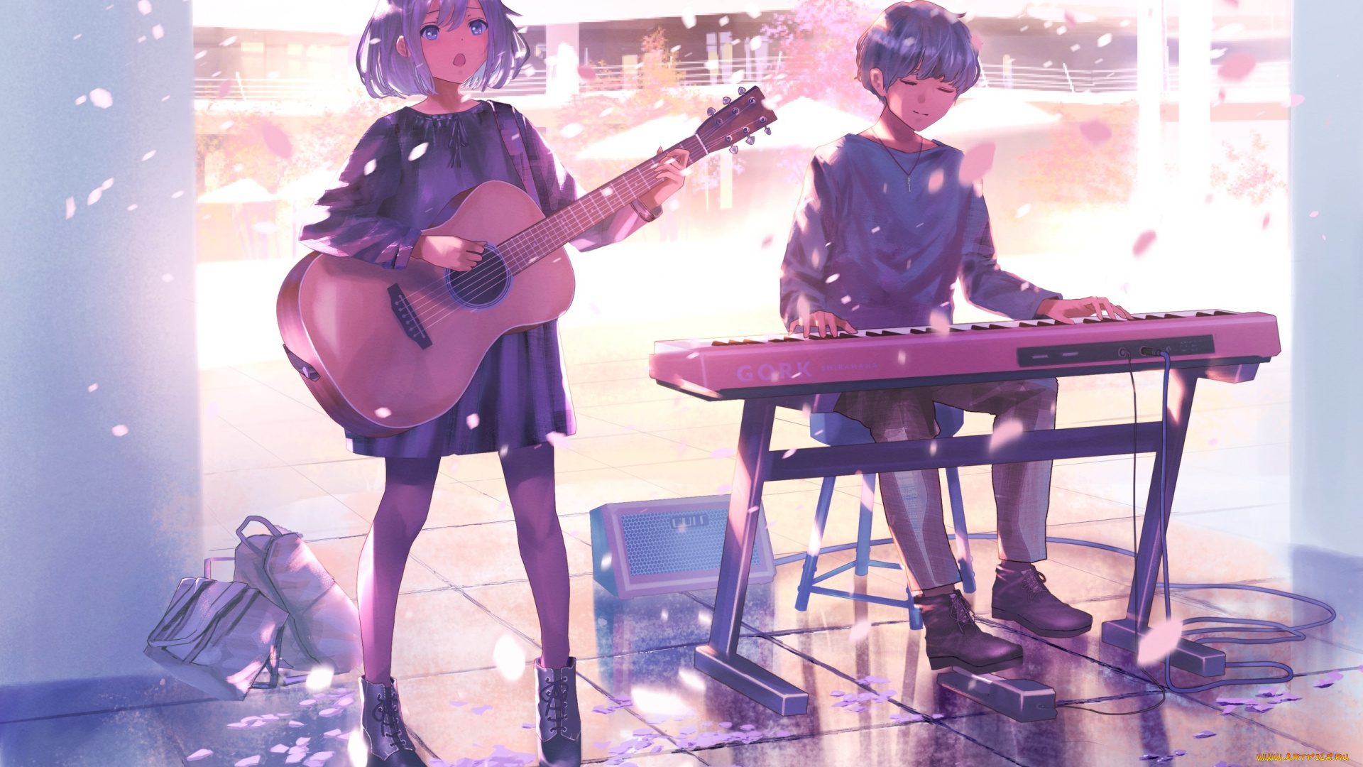 аниме, музыка, девушка, парень, уличные, музыканты
