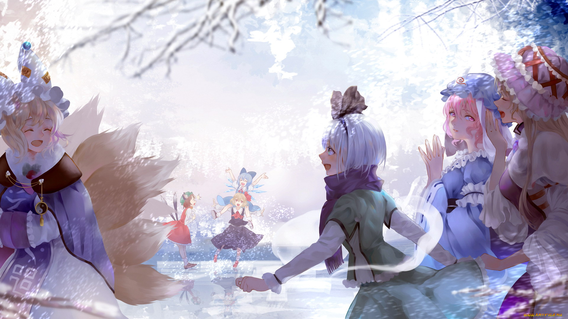 аниме, touhou, девочки, хвосты, зима, лед, снег