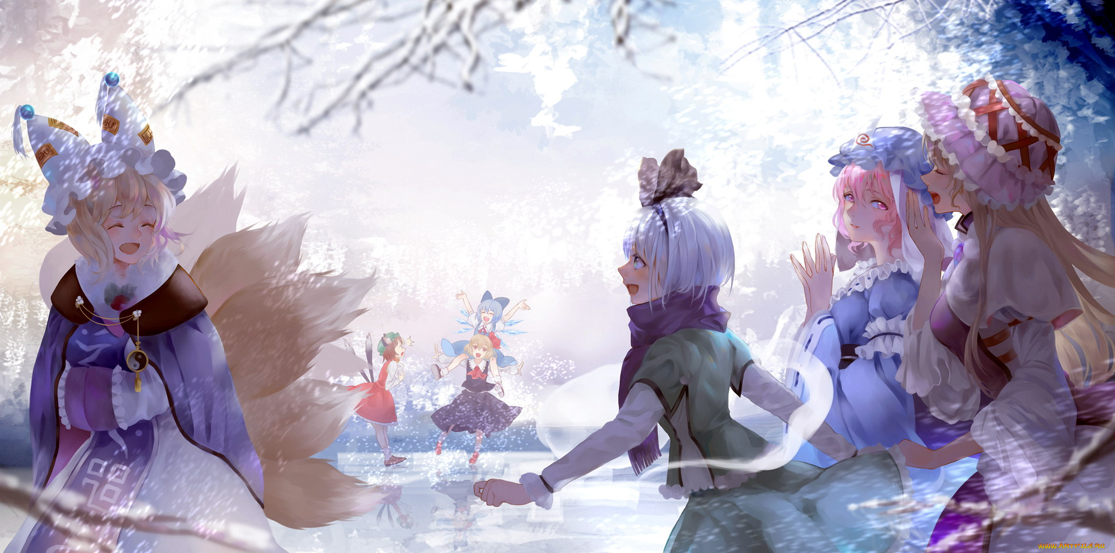 аниме, touhou, девочки, хвосты, зима, лед, снег
