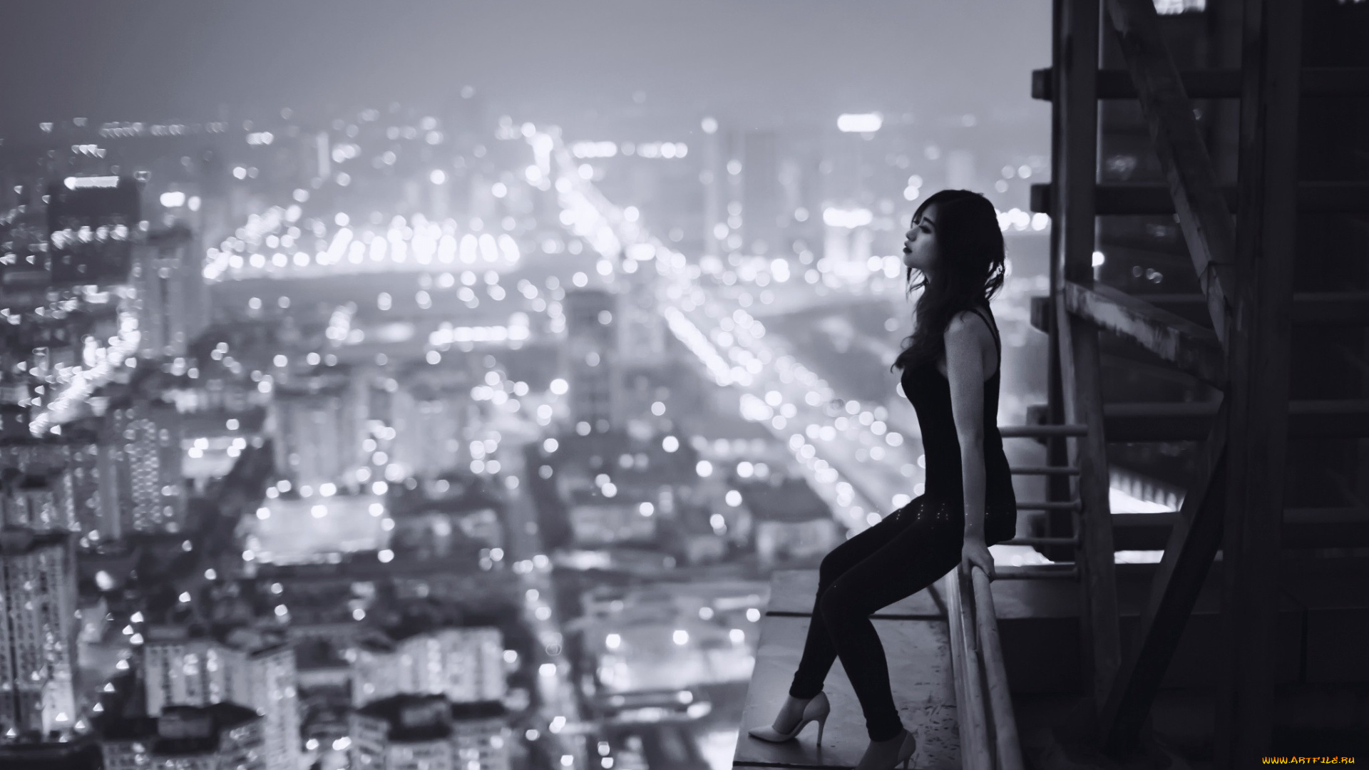 девушки, -, черно-белые, женщины, монохромный, городской, вид, здание, азиа, крыши, модель, огни, на, открытом, воздухе, городские, города