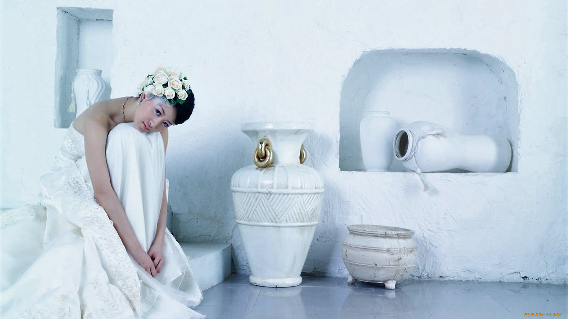 девушки, -, невесты, невеста, азиатка, цветы, кувшины