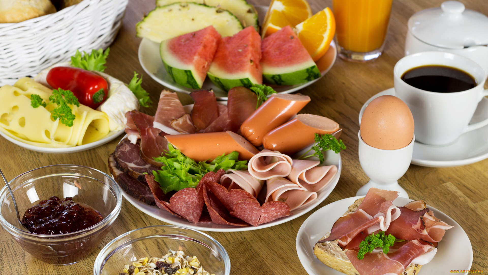 еда, разное, сосиски, ветчина, колбаса, сыр, хлопья, сок