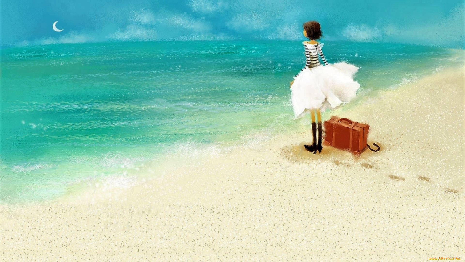 рисованное, люди, девочка, чемодан, море, песок, следы