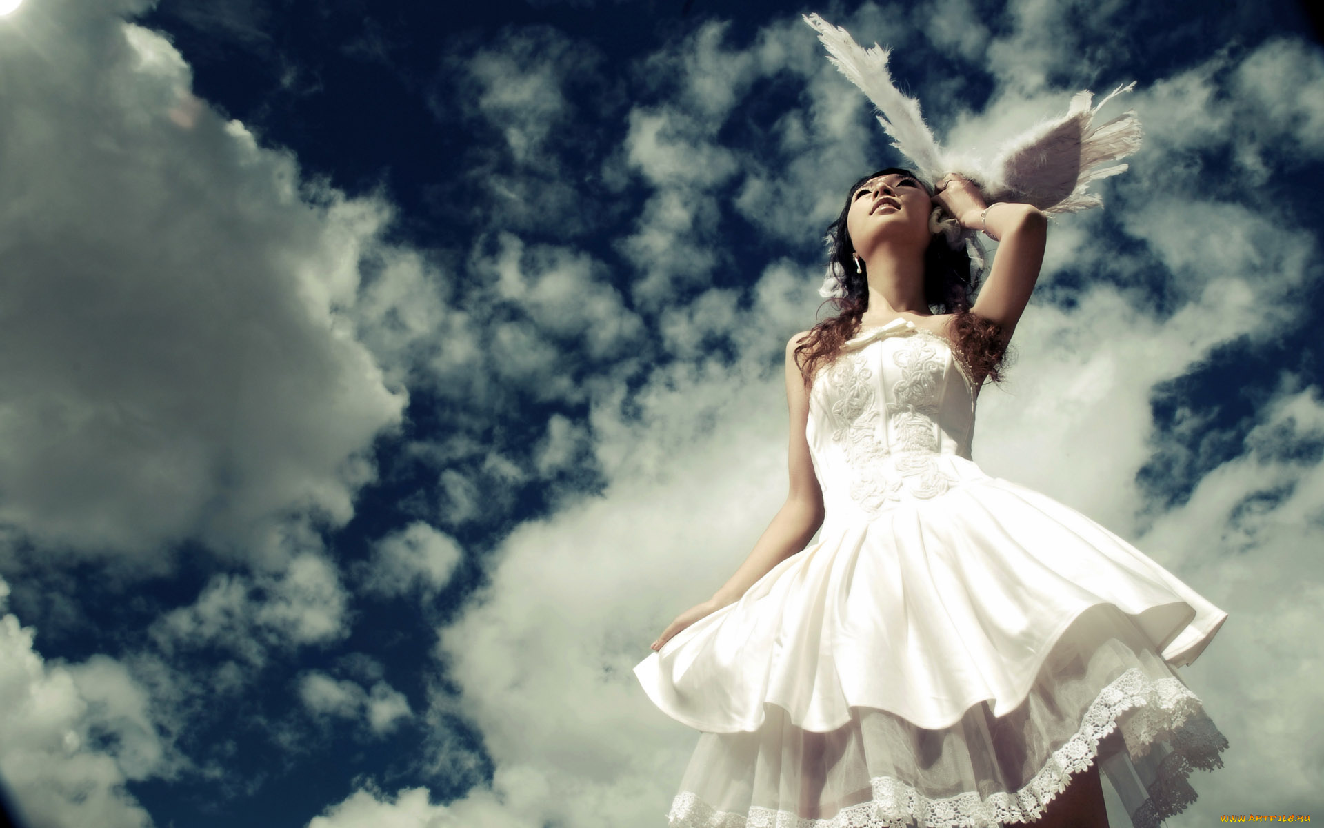 девушки, -, невесты, невеста, азиатка, небо, облака, платье