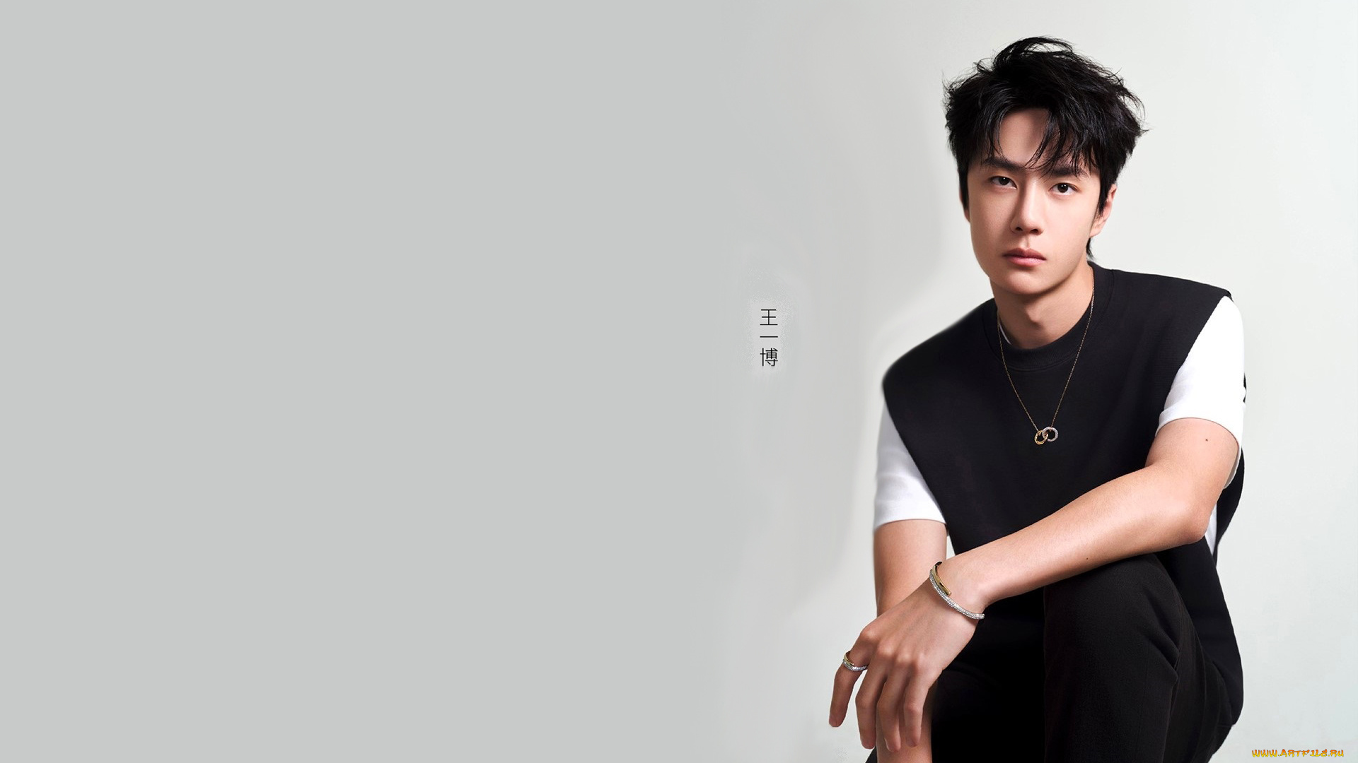 мужчины, wang, yi, bo, актер, футболка, безрукавка, кулон