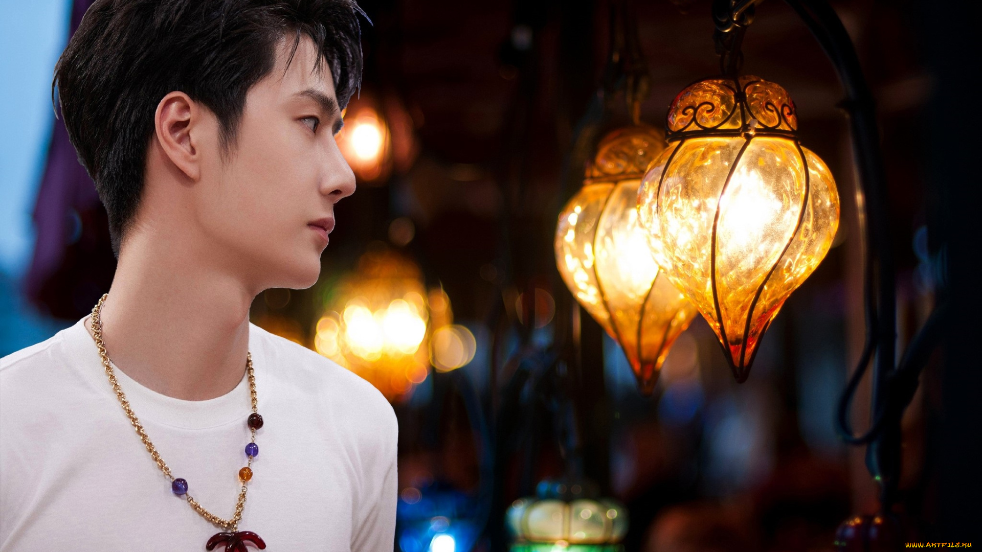 мужчины, wang, yi, bo, актер, футболка, фонари, цепочка