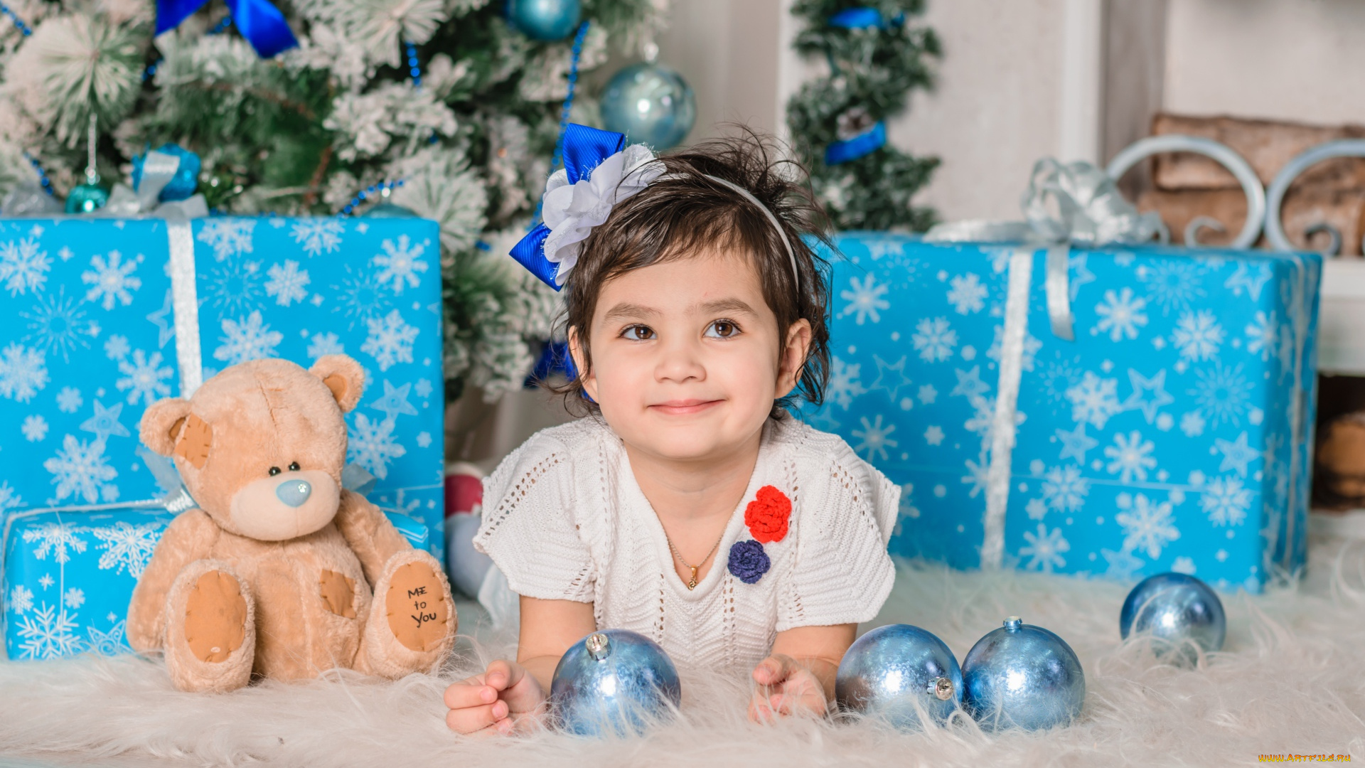 разное, дети, девочка, подарки, мишка, ёлка, шарики