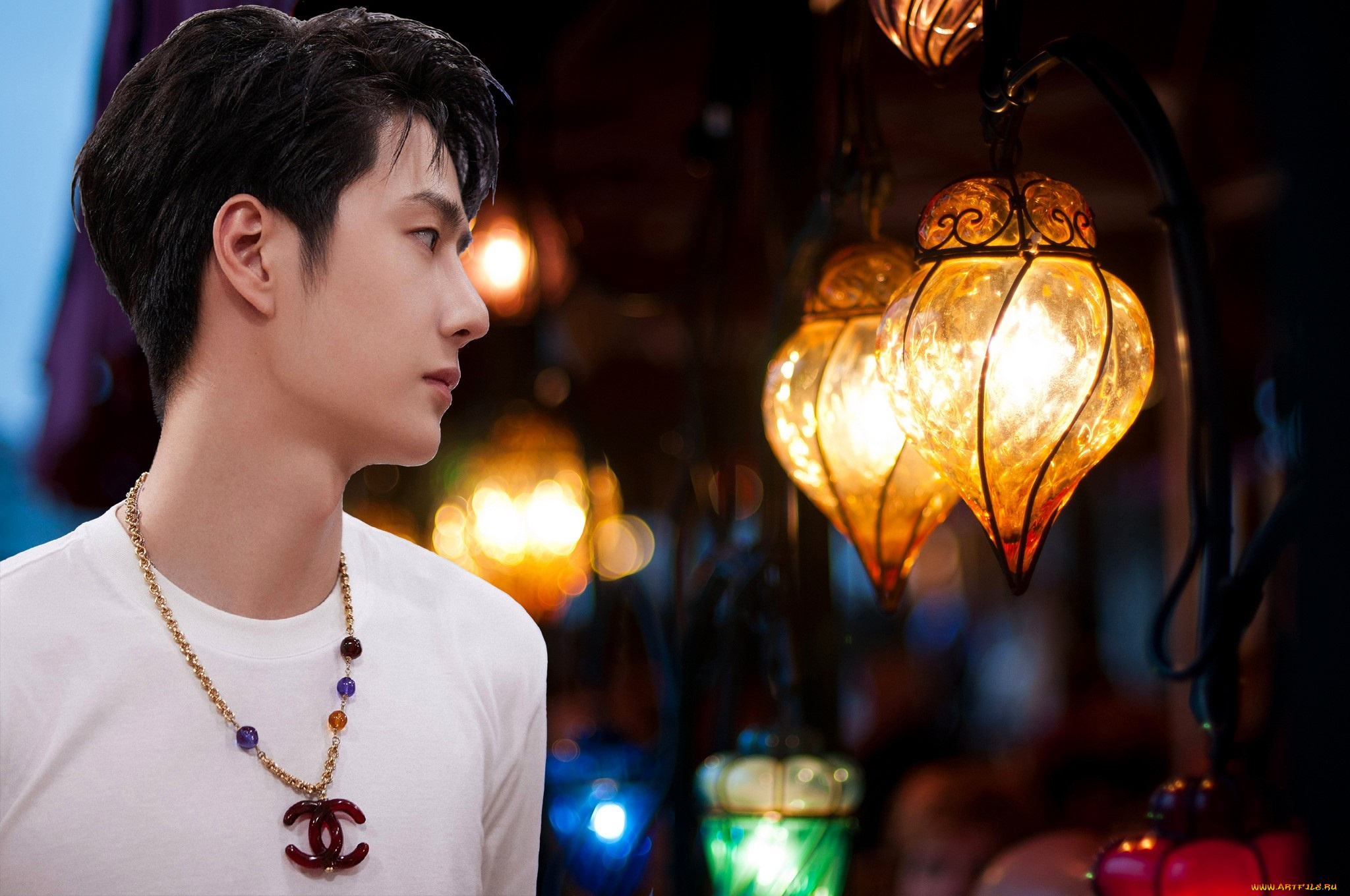 мужчины, wang, yi, bo, актер, футболка, фонари, цепочка