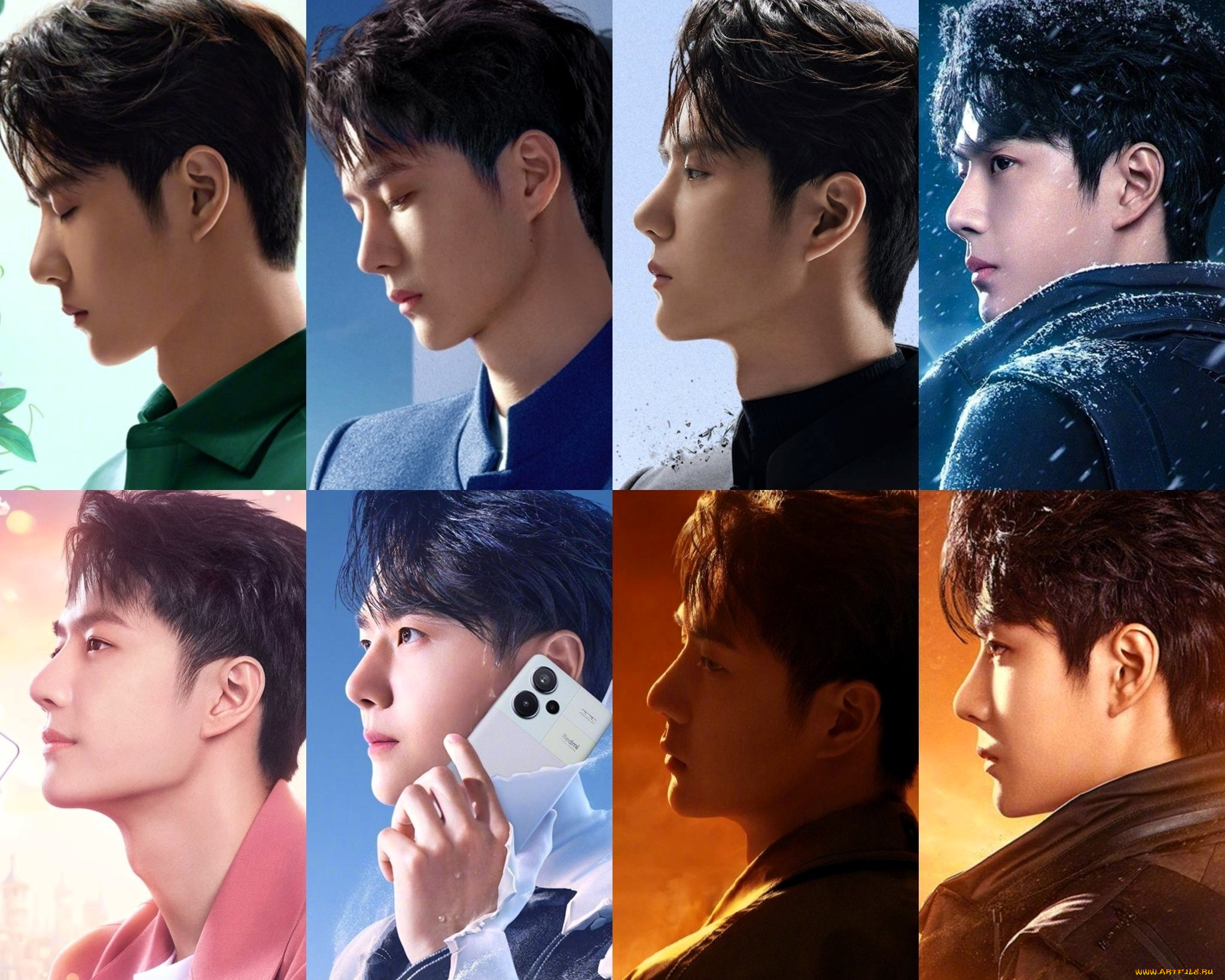 мужчины, wang, yi, bo, актер, лицо, телефон, коллаж