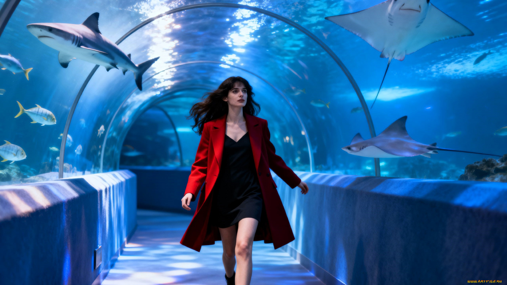 3д, графика, люди, , people, девушка, шатенка, платье, пальто, рыбы, океанариум
