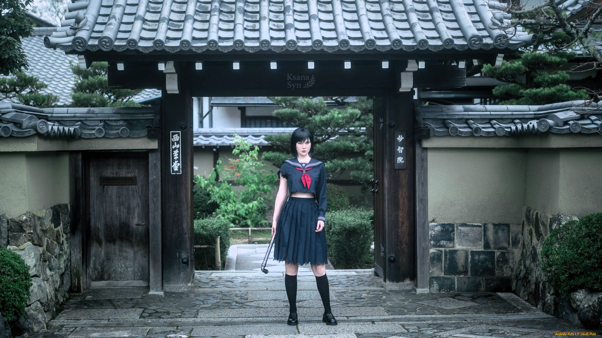 девушки, ксана, станкевич, образ, косплей, наряд, форма, труба, врата, дом, сад