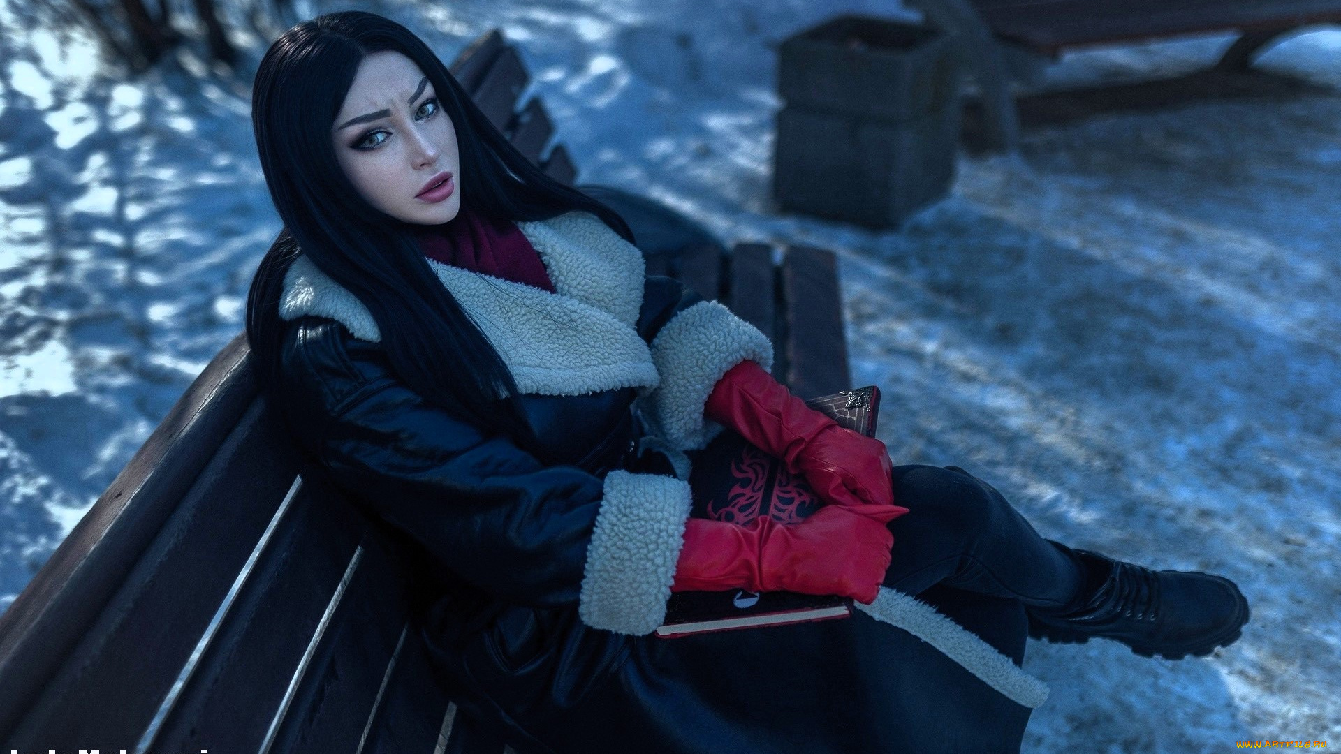 девушки, мария, давыдова, , lady, melamori, образ, косплей, наряд, пальто, перчатки, книга, скамейка, снег, зима