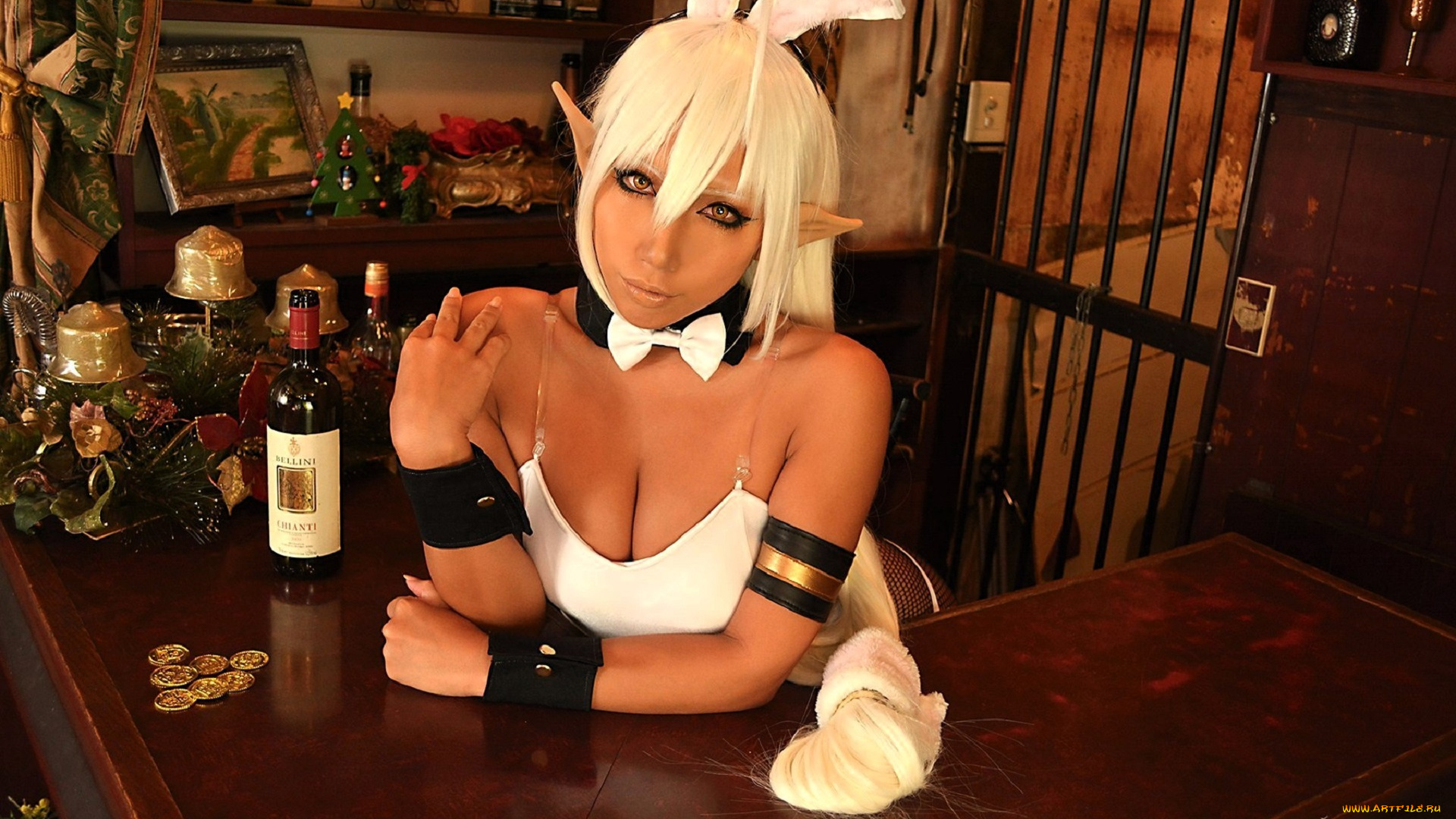 девушки, nonsummerjack, образ, косплей, наряд, костюм, ушки, бар, свечи, бутылки, монеты