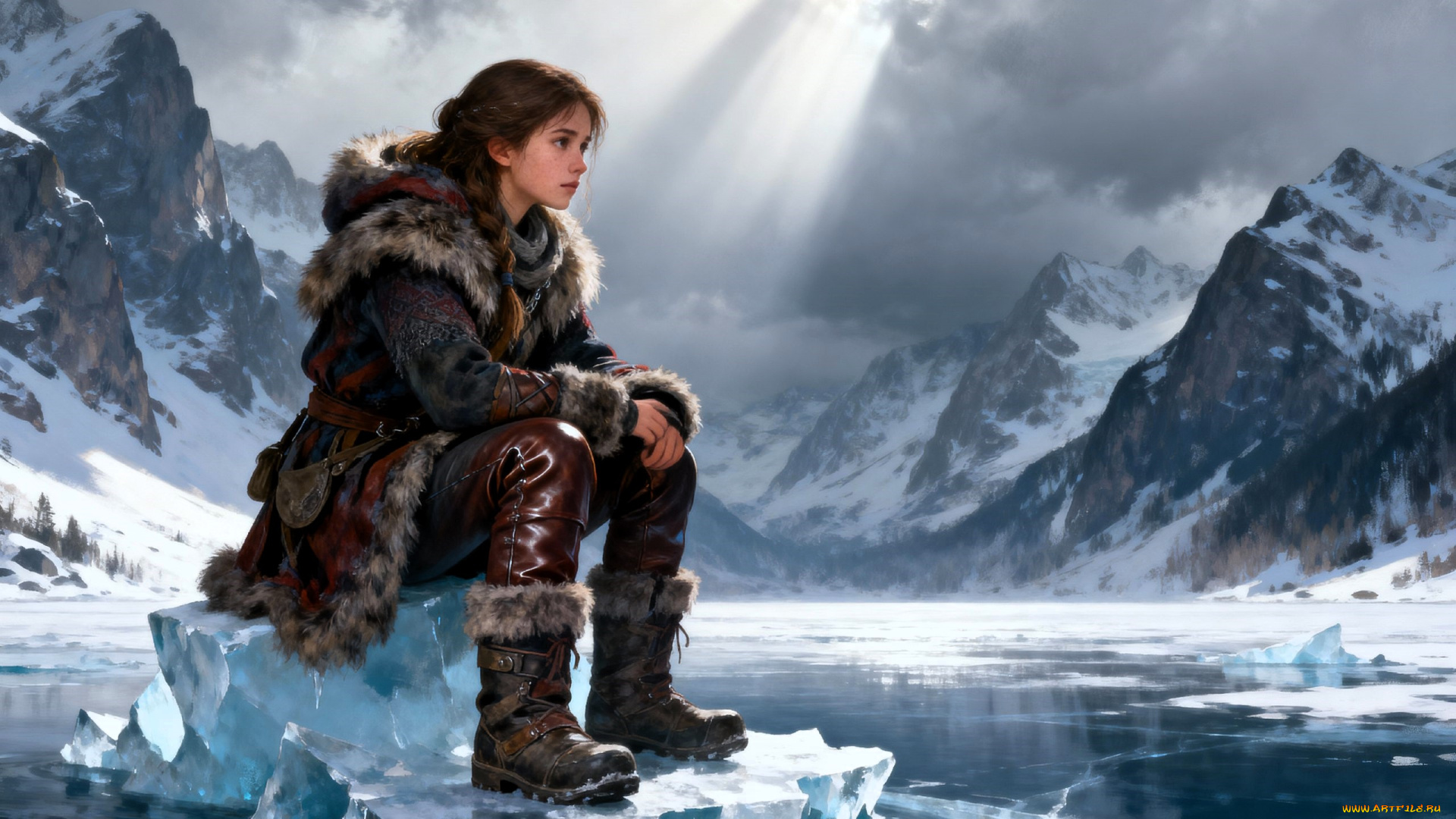 фэнтези, девушки, девушка, шуба, штаны, сапоги, озеро, горы, лед, снег, зима