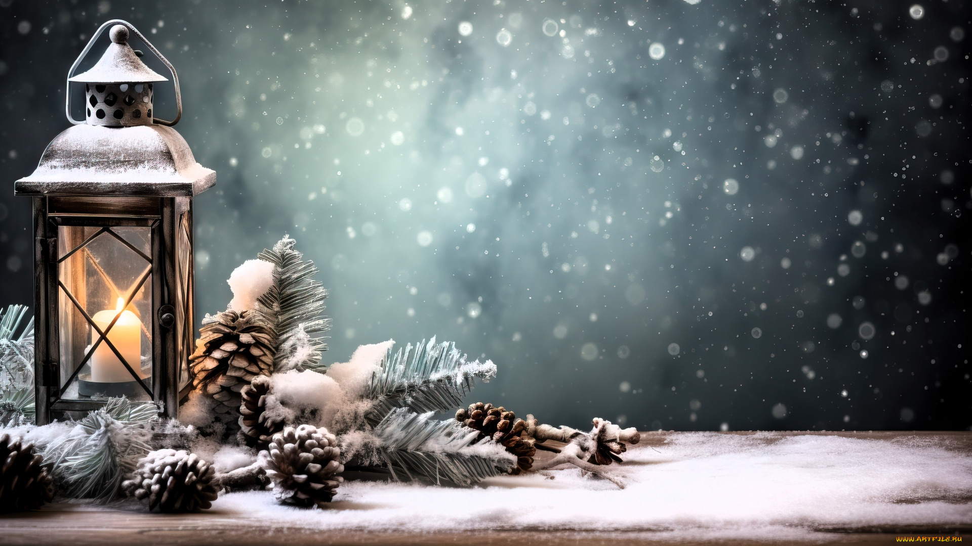 праздничные, новогодние, свечи, фонарь, свеча, снег, ёлка, шишки, ветки