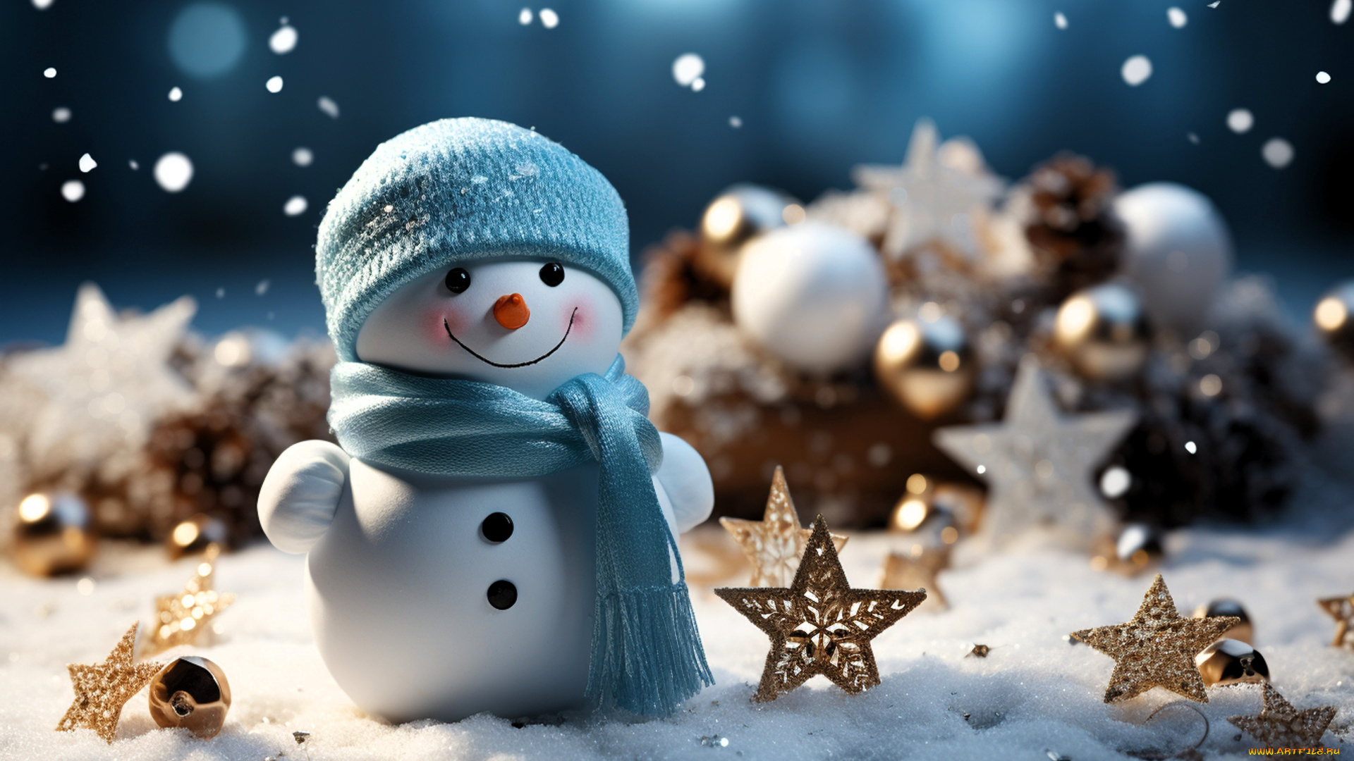 праздничные, снеговики, снеговик, шапка, шарф, снег, звезды, украшения