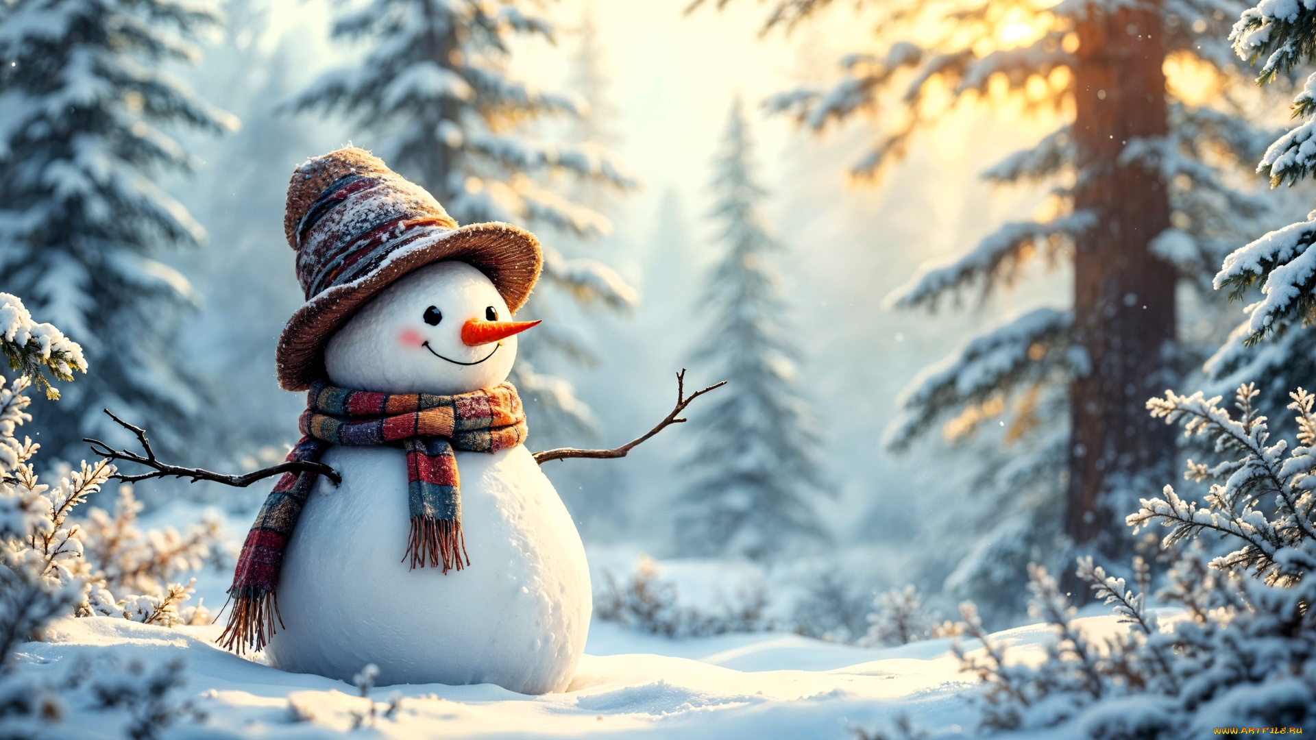 праздничные, снеговики, снеговик, шапка, шарф, снег, лес