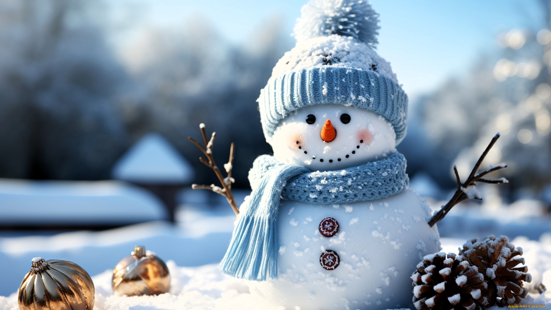 праздничные, снеговики, снеговик, снег, шишки, шарики, шапка, шарф