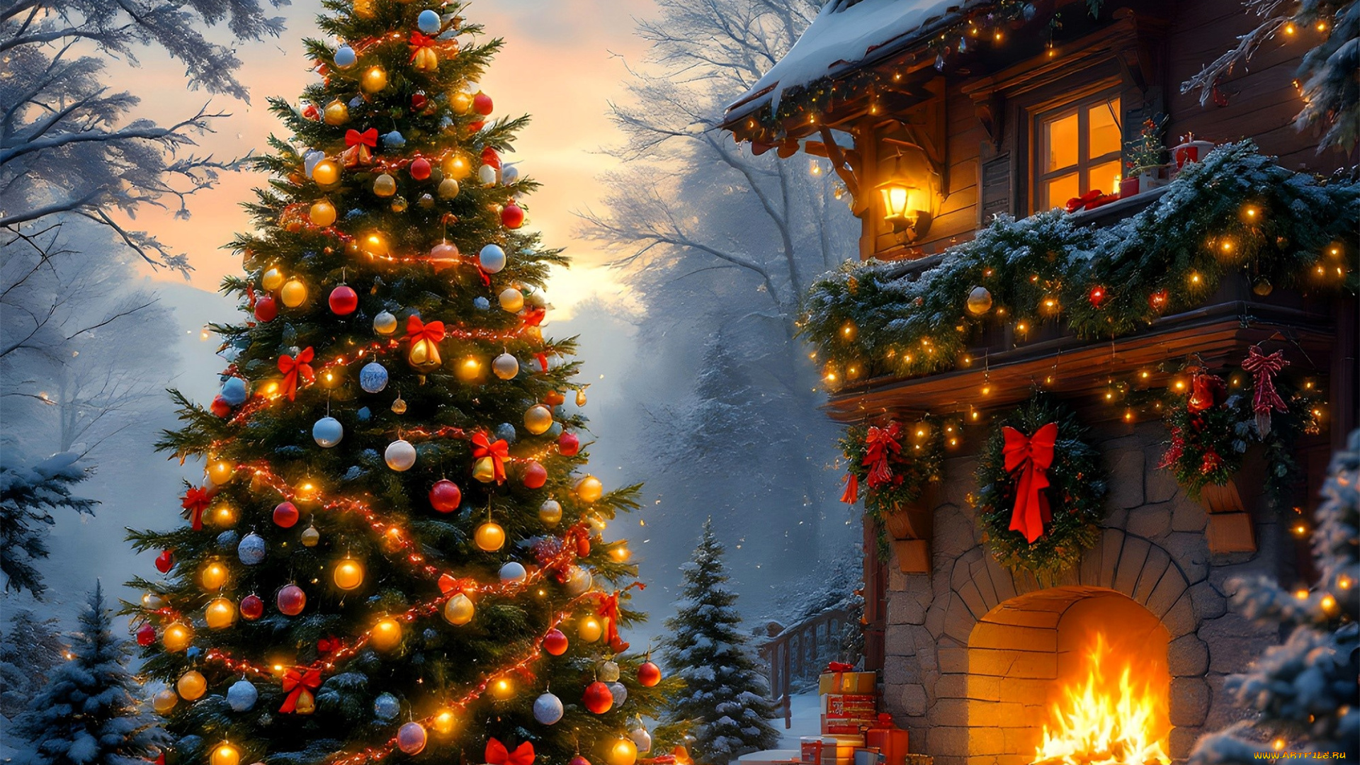 праздничные, ёлки, ёлка, подарки, дом, украшения, снег, очкг
