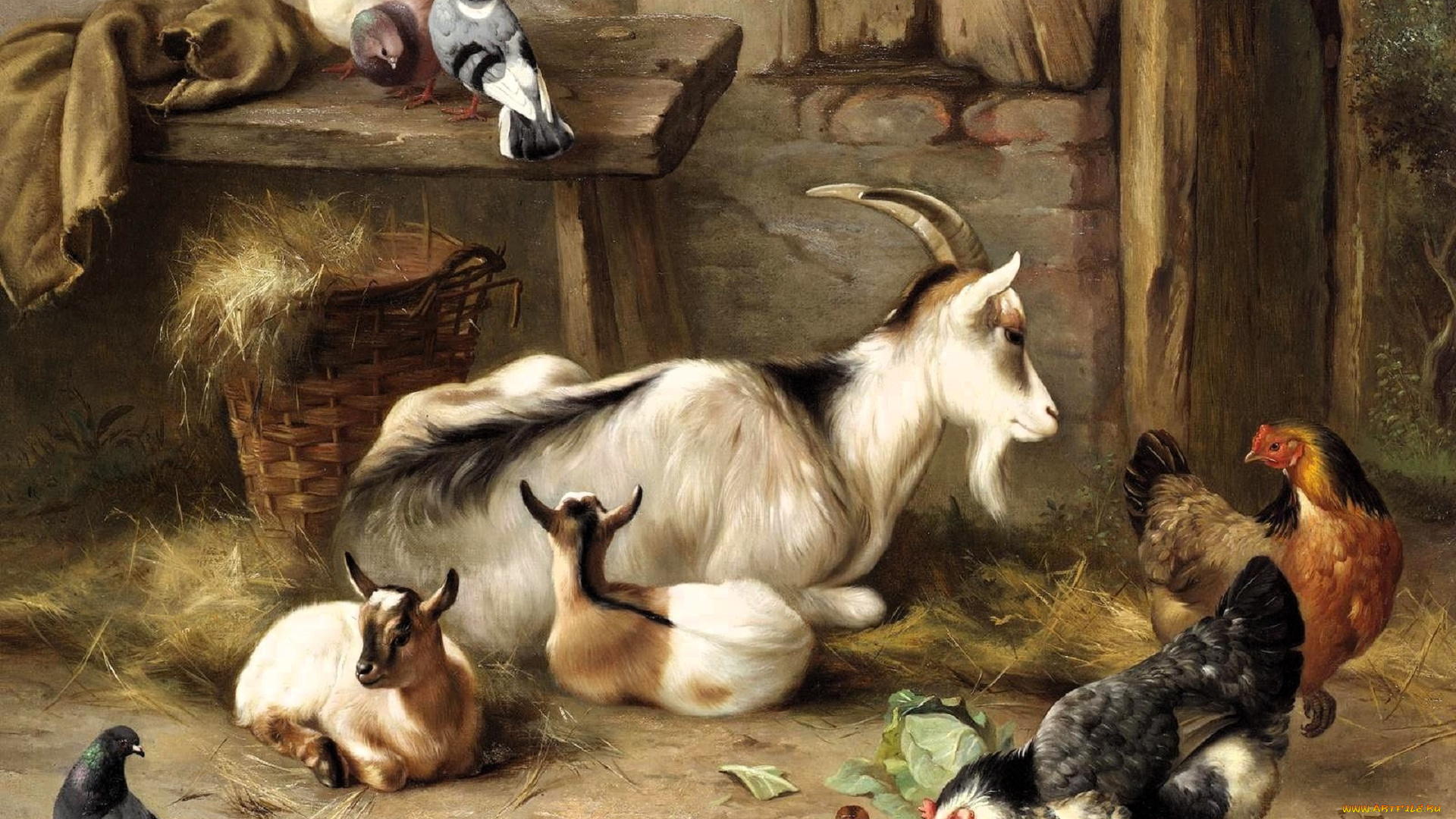 рисованное, edgar, hunt, сарай, скамейка, тряпка, козы, голуби, куры, корзина