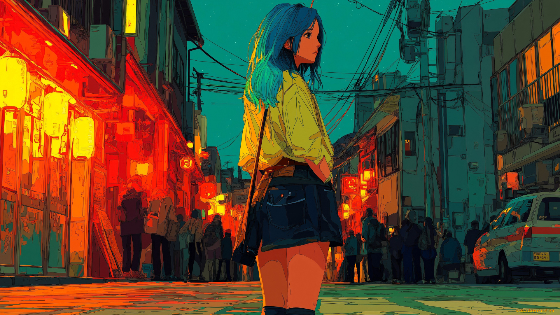 рисованное, люди, девушка, толкпа, машина, город, дома, улица