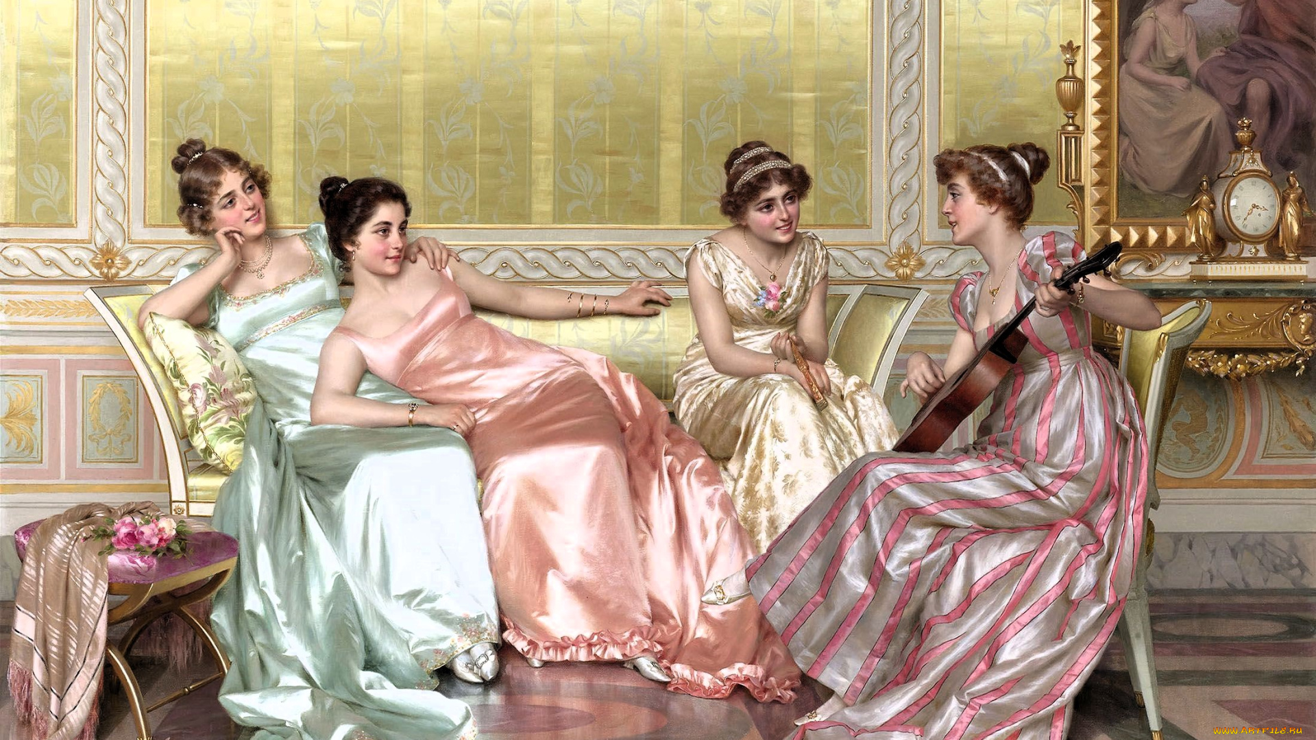 рисованное, vittorio, reggianini, дамы, диван, гитара, салон, картина