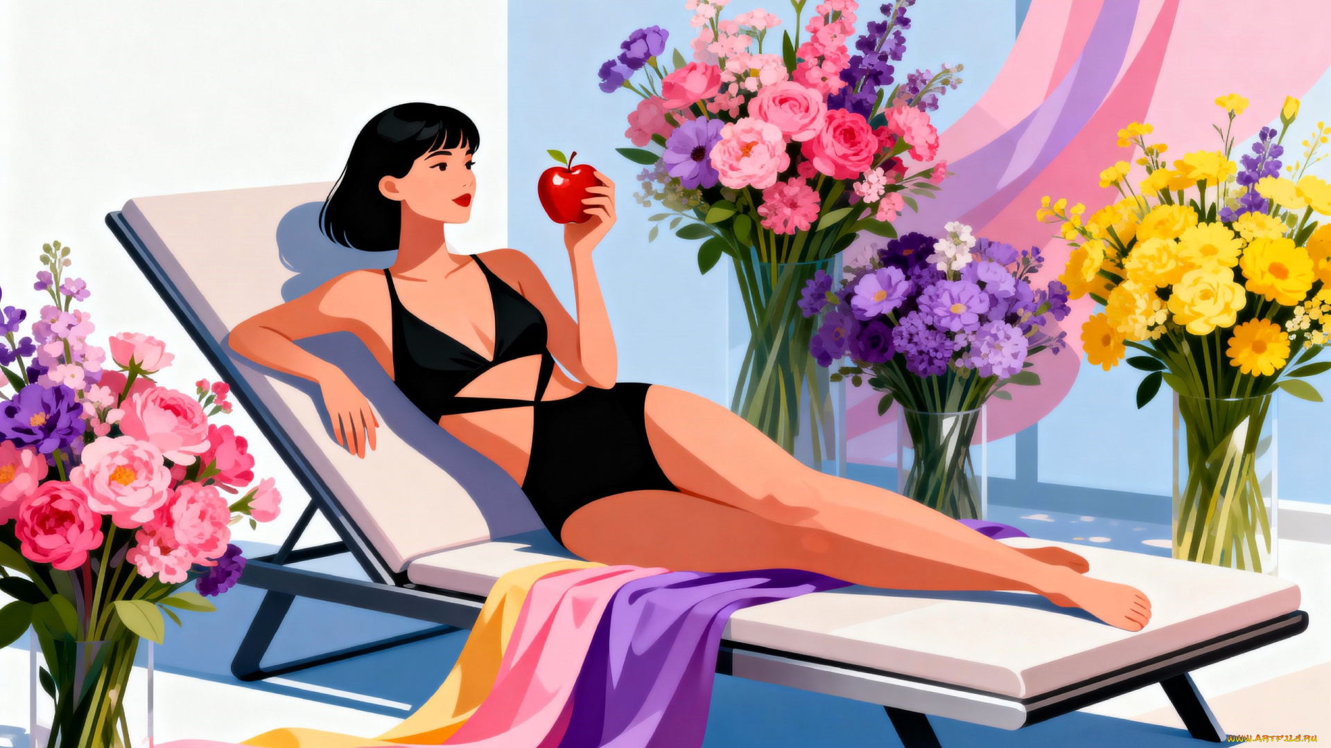 векторная, графика, девушки, , girls, девушка, брюнетка, купальник, яблоко, шезлонг, ткани, цветы, букеты