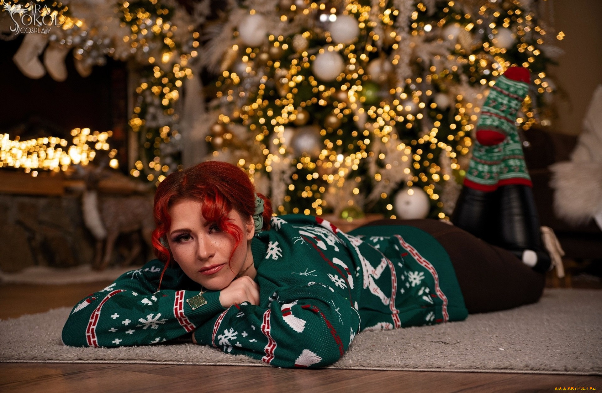 девушки, ира, сокол, образ, косплей, наряд, костюм, свитер, новый, год, ёлка, носки