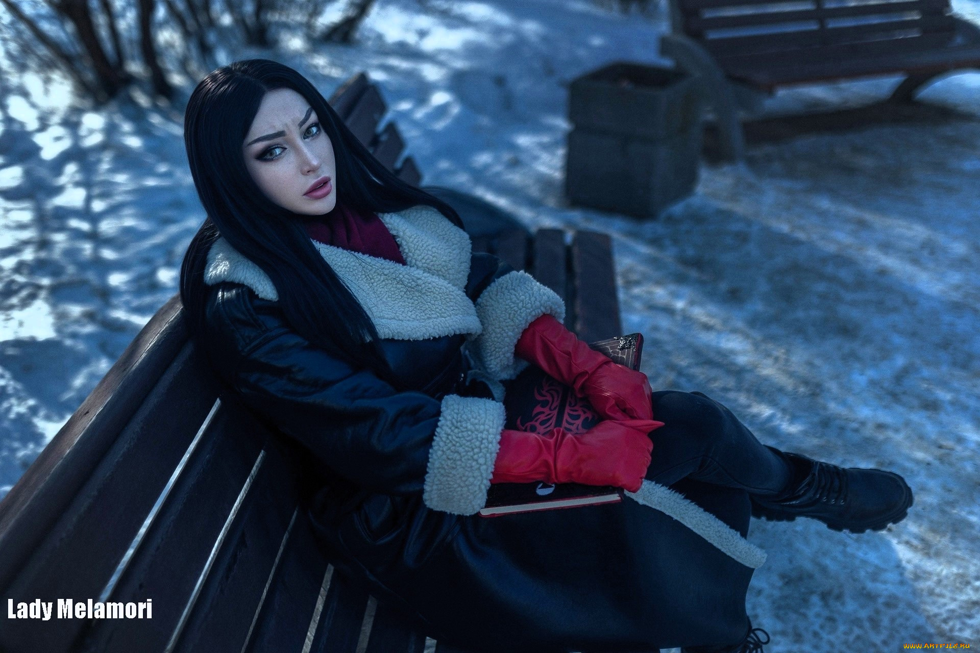 девушки, мария, давыдова, , lady, melamori, образ, косплей, наряд, пальто, перчатки, книга, скамейка, снег, зима