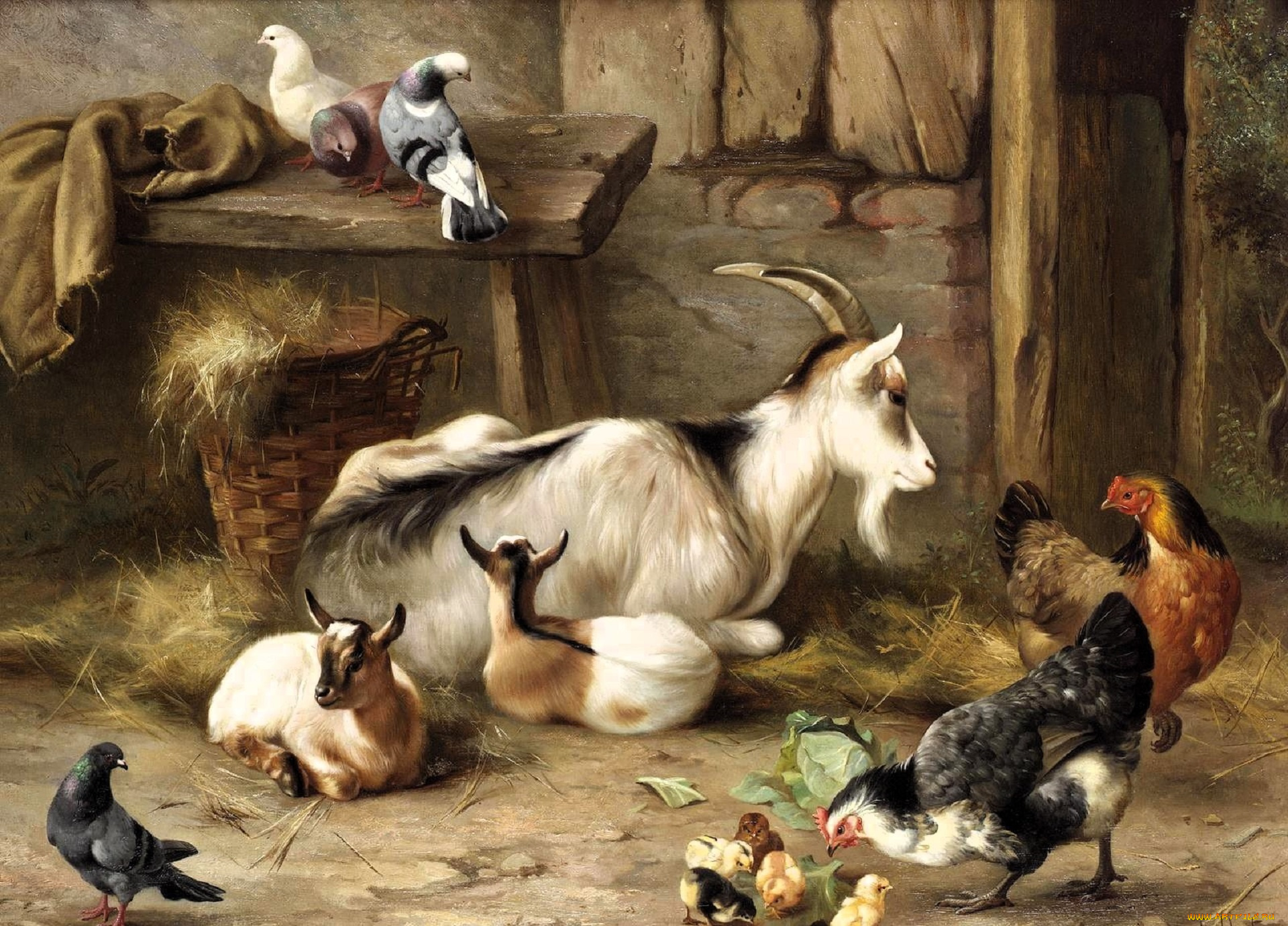 рисованное, edgar, hunt, сарай, скамейка, тряпка, козы, голуби, куры, корзина
