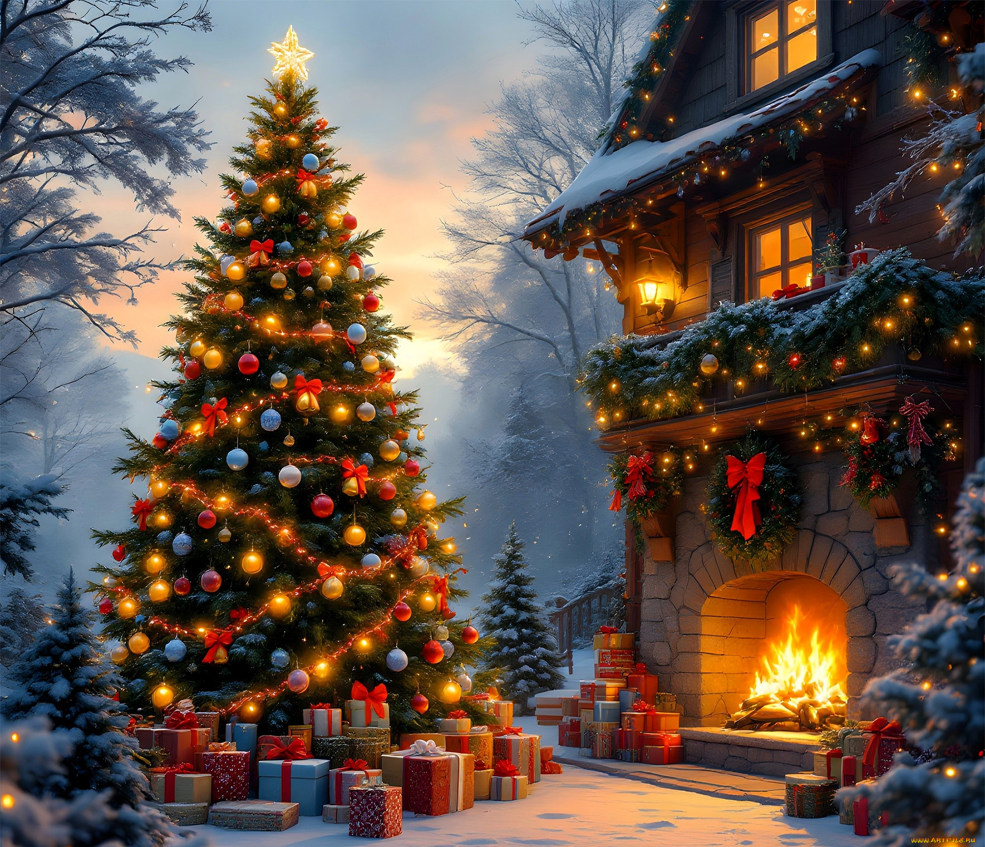 праздничные, ёлки, ёлка, подарки, дом, украшения, снег, очкг