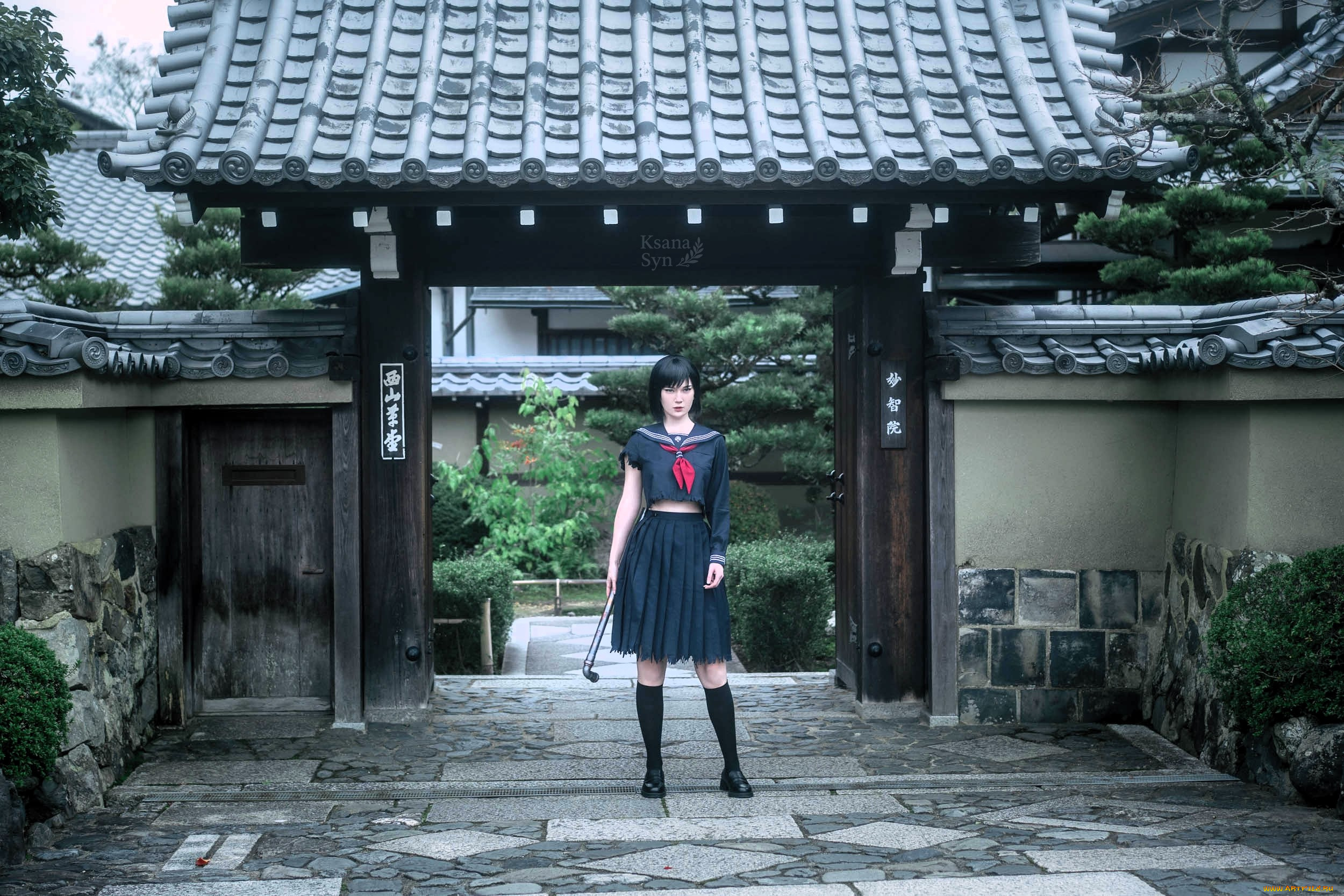 девушки, ксана, станкевич, образ, косплей, наряд, форма, труба, врата, дом, сад