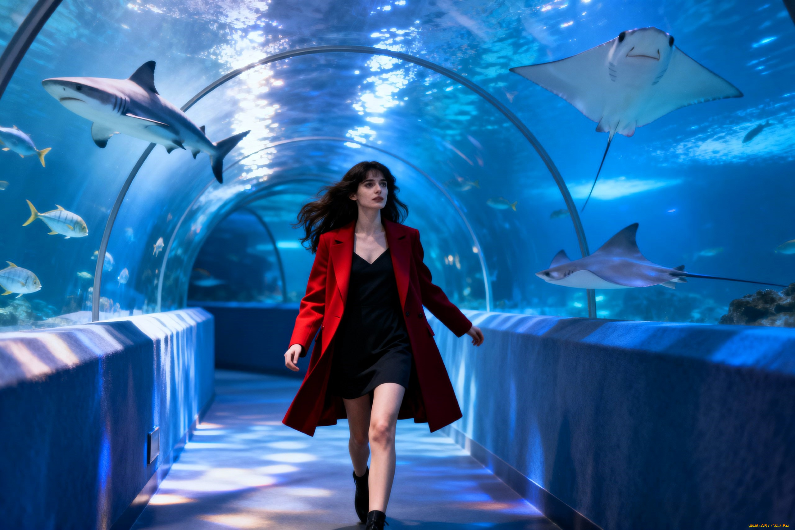 3д, графика, люди, , people, девушка, шатенка, платье, пальто, рыбы, океанариум