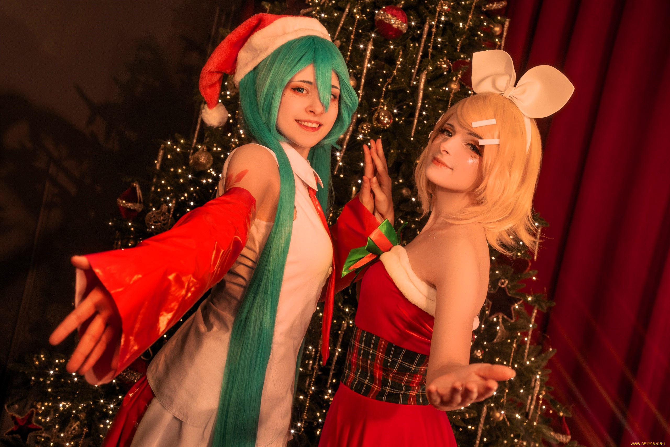 девушки, mari, aisu, образы, косплей, наряды, костюмы, подруги, ёлка, новый, год