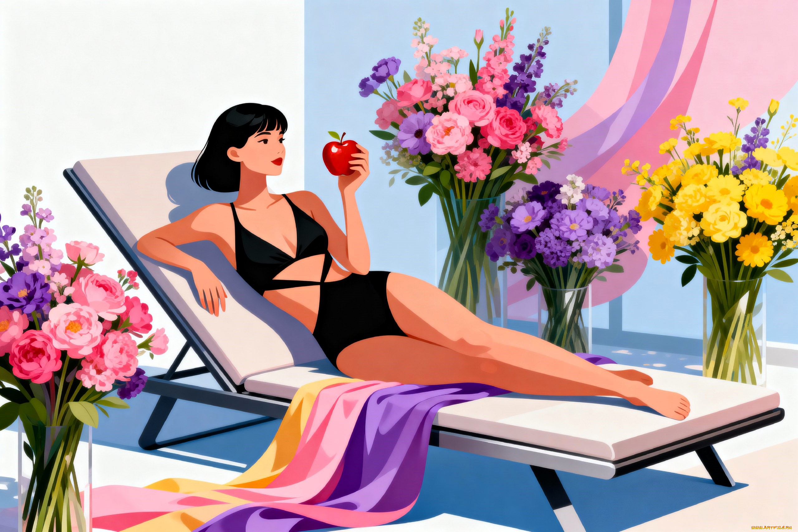 векторная, графика, девушки, , girls, девушка, брюнетка, купальник, яблоко, шезлонг, ткани, цветы, букеты