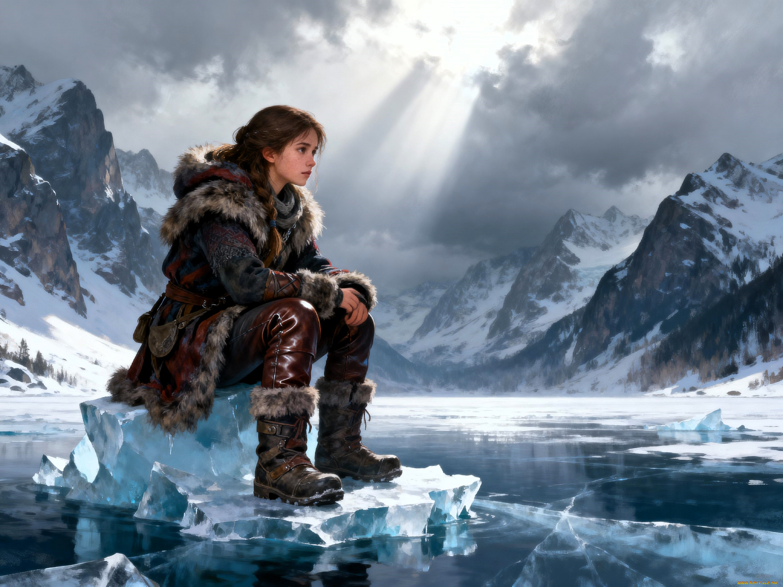 фэнтези, девушки, девушка, шуба, штаны, сапоги, озеро, горы, лед, снег, зима